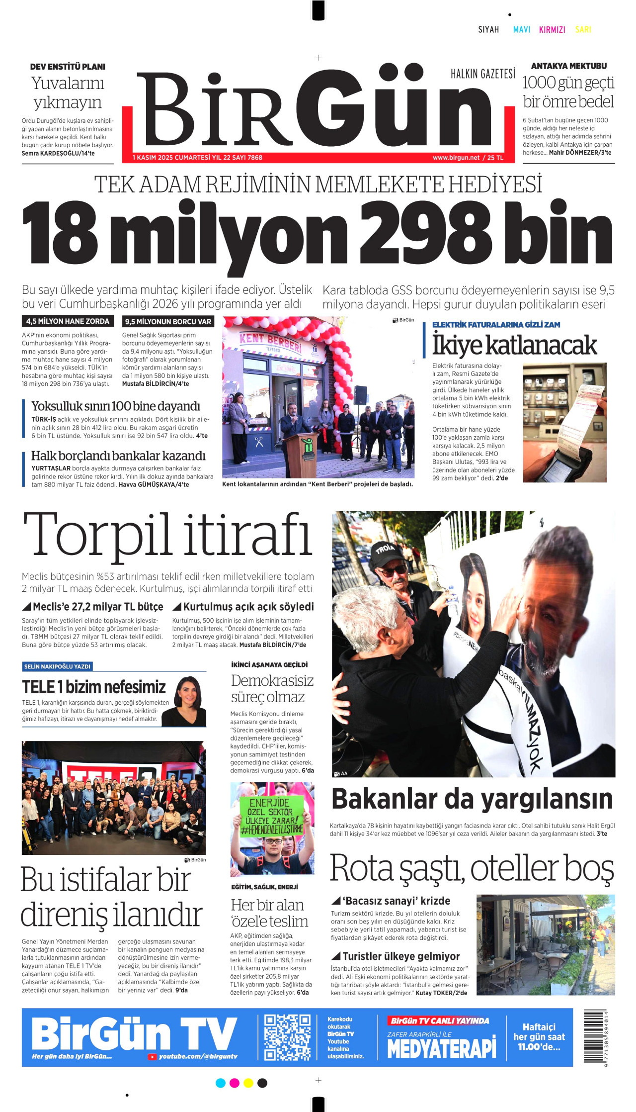 BİRGÜN gazetesinin 1 Kasım 2025 tarihli birinci sayfası