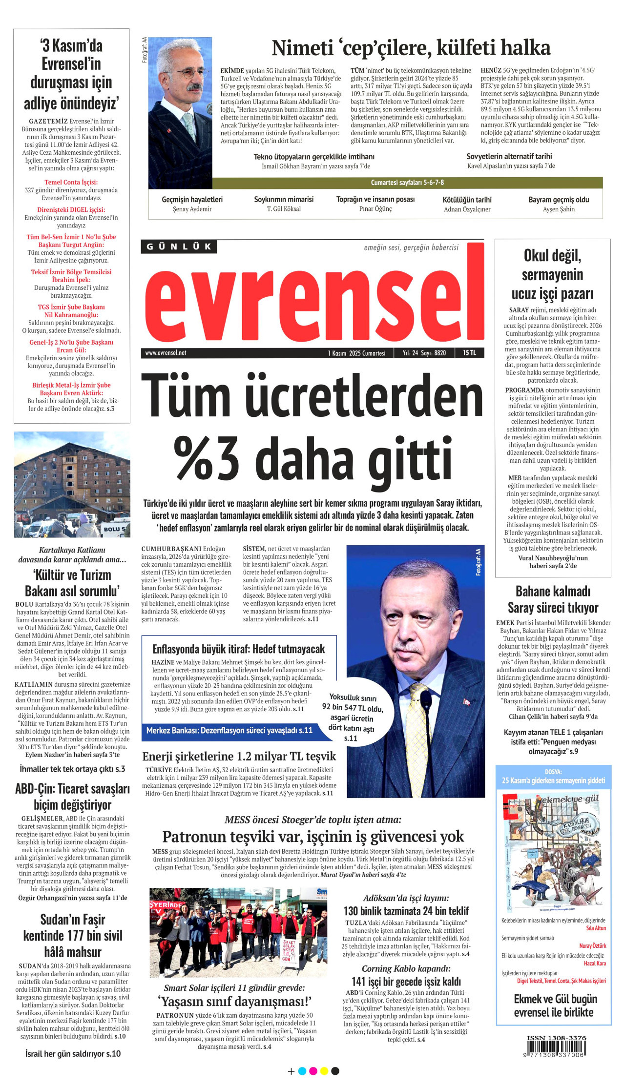 EVRENSEL gazetesinin 1 Kasım 2025 tarihli birinci sayfası