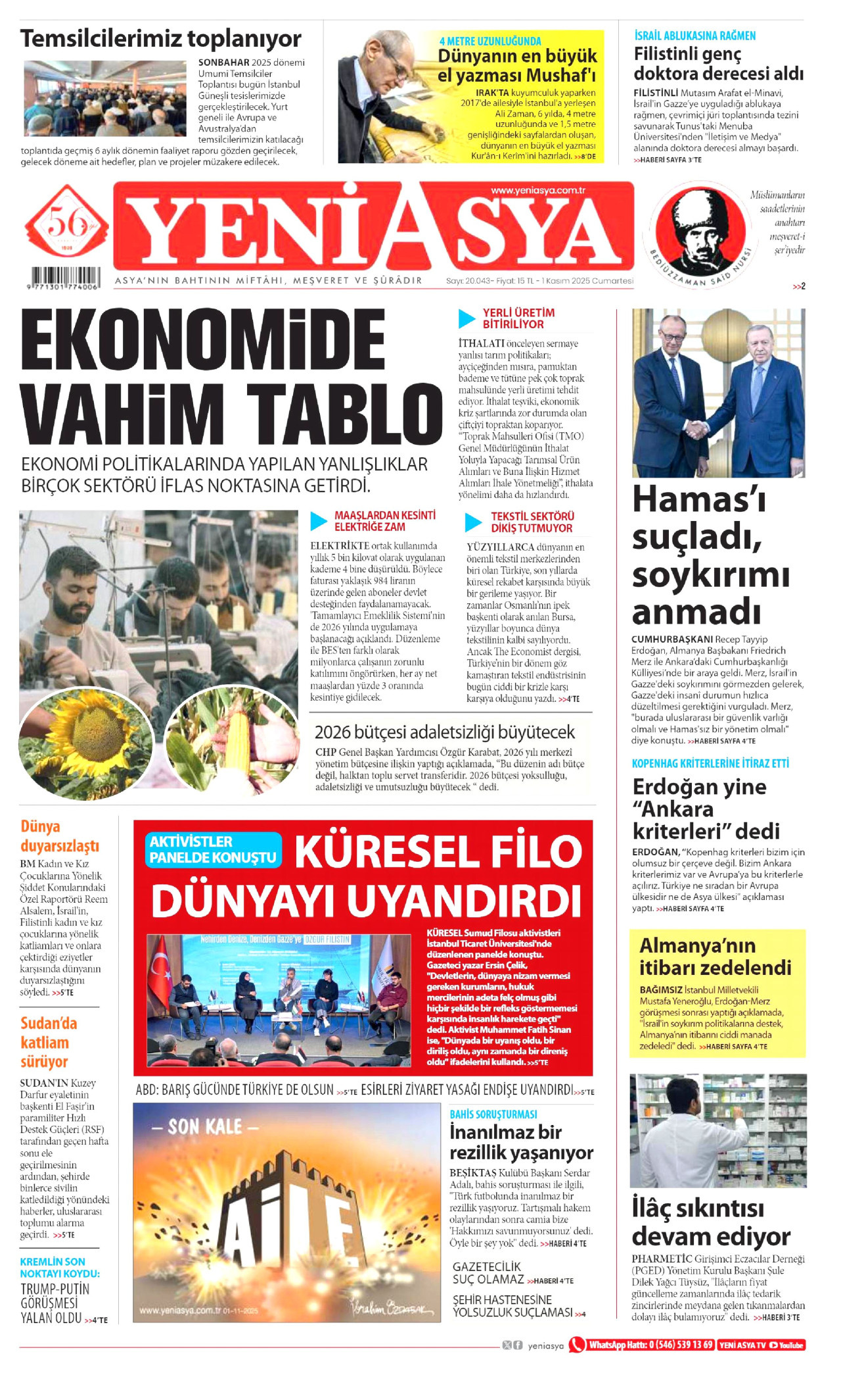YENİ ASYA gazetesinin 1 Kasım 2025 tarihli birinci sayfası