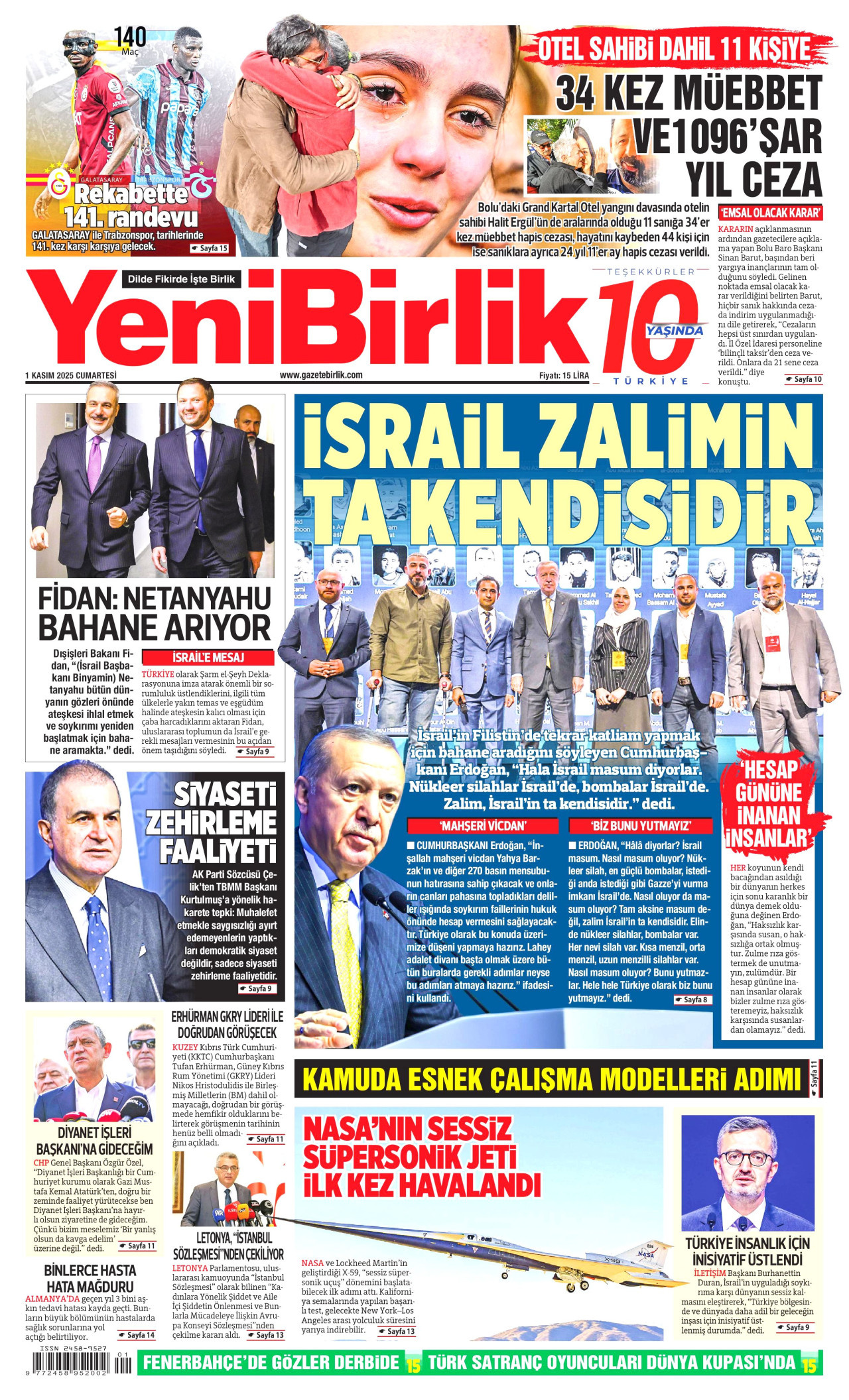 YENİBİRLİK gazetesinin 1 Kasım 2025 tarihli birinci sayfası
