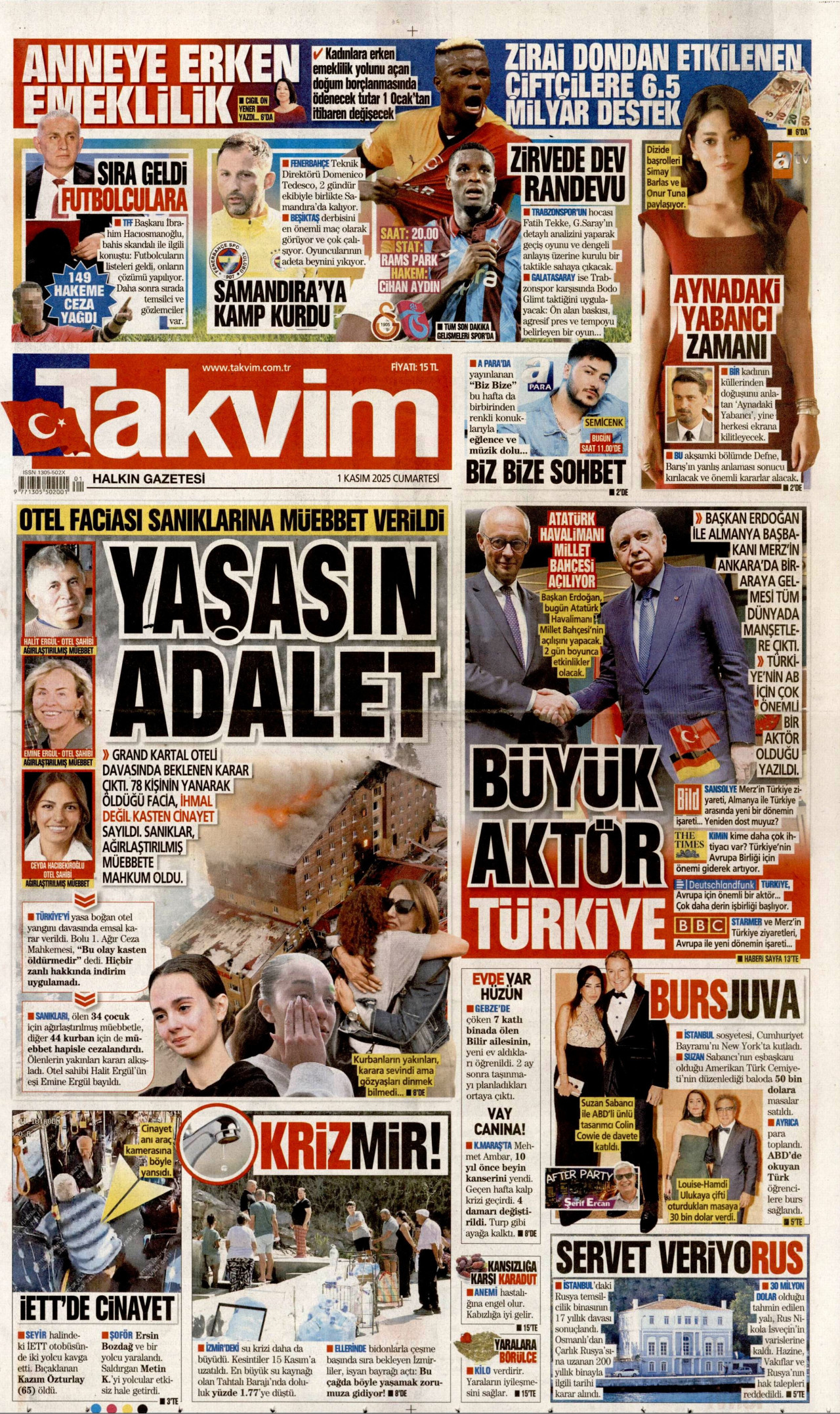 TAKVİM gazetesinin 1 Kasım 2025 tarihli birinci sayfası