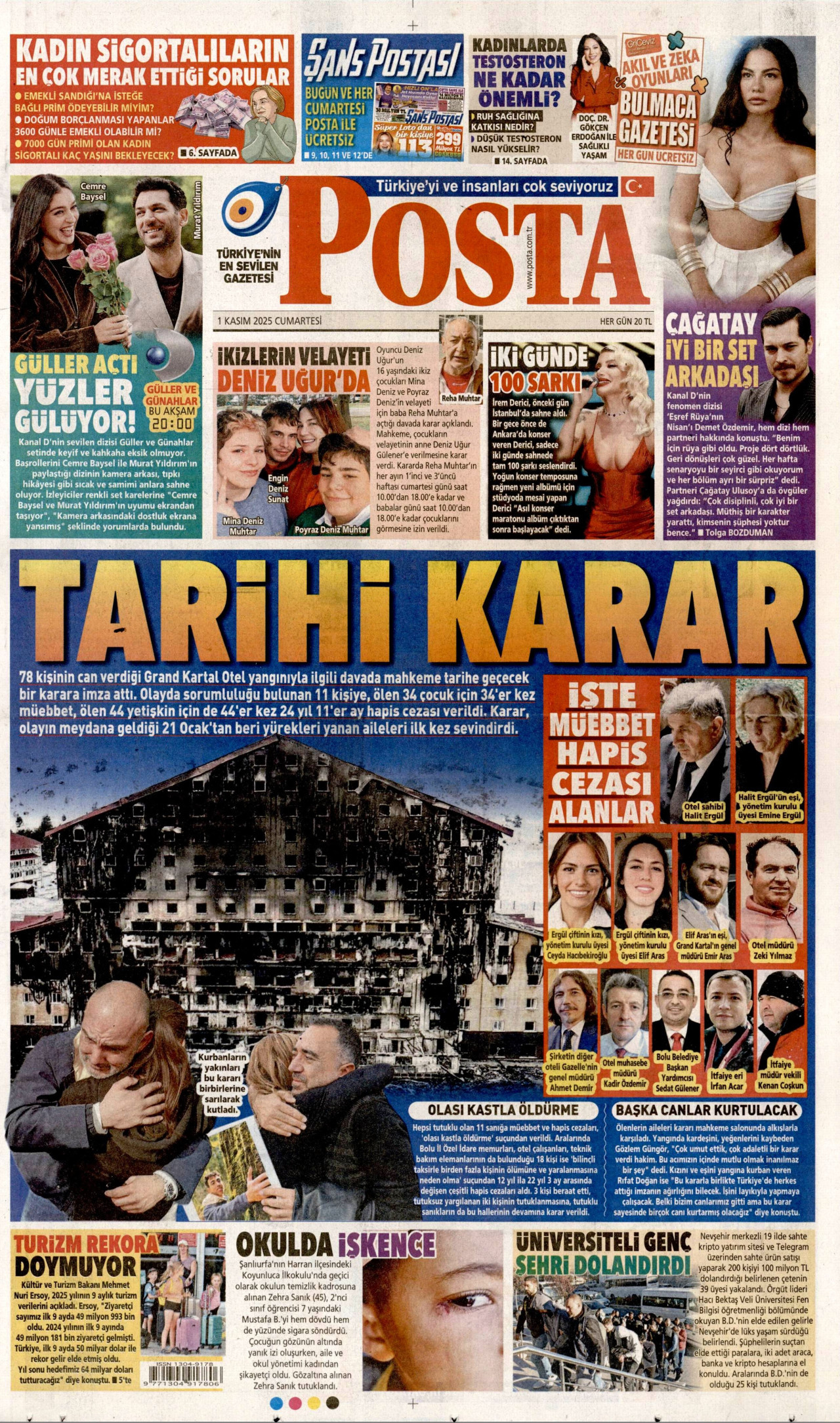 POSTA gazetesinin 1 Kasım 2025 tarihli birinci sayfası