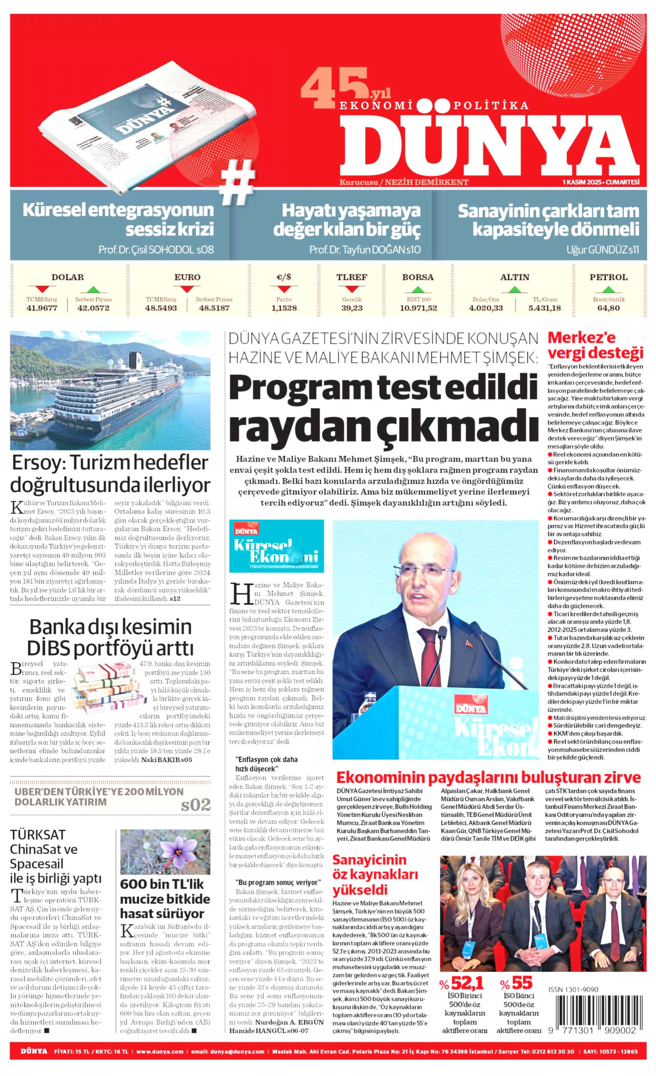 DÜNYA gazetesinin 1 Kasım 2025 tarihli birinci sayfası