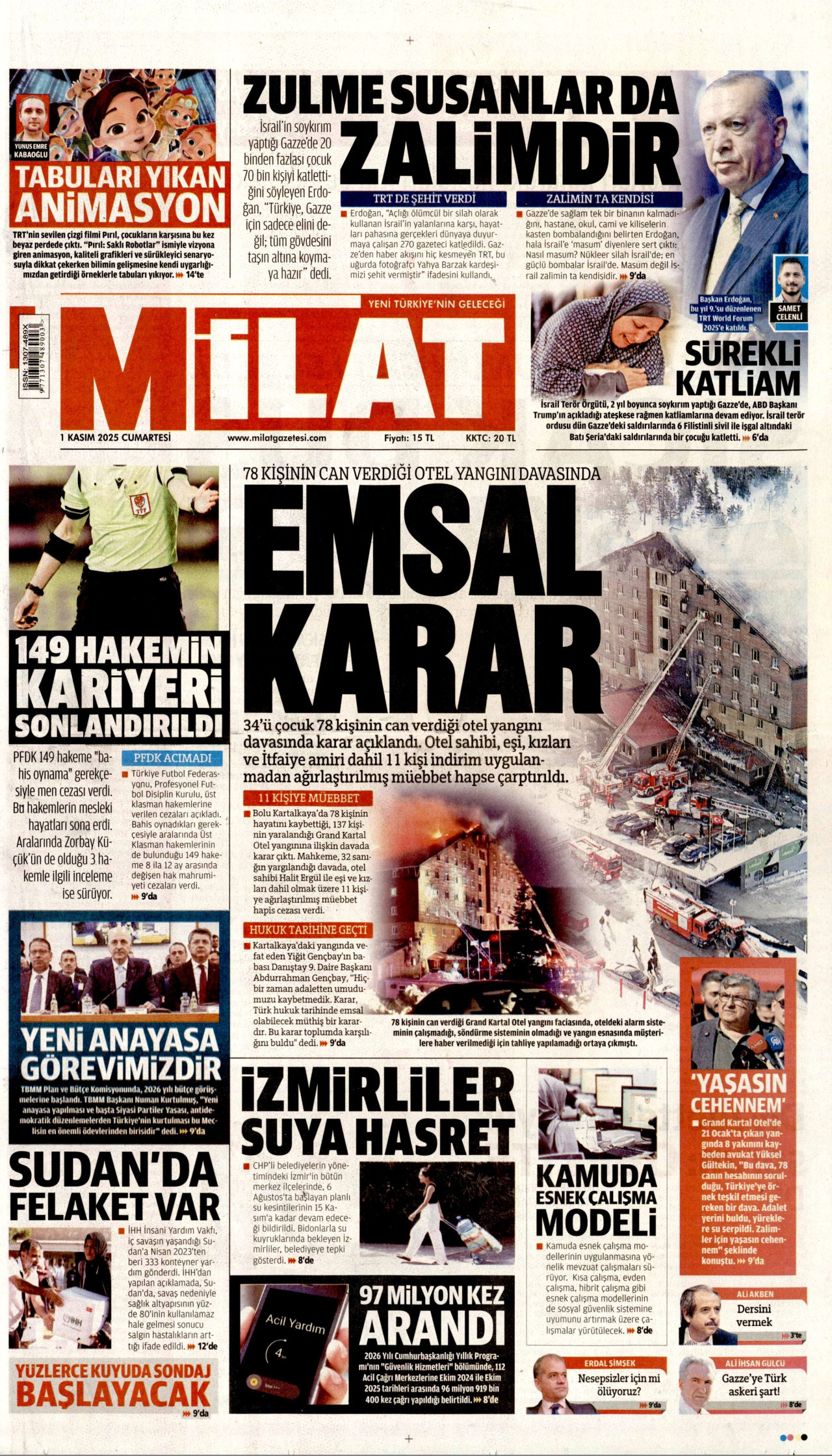 MİLAT gazetesinin 1 Kasım 2025 tarihli birinci sayfası