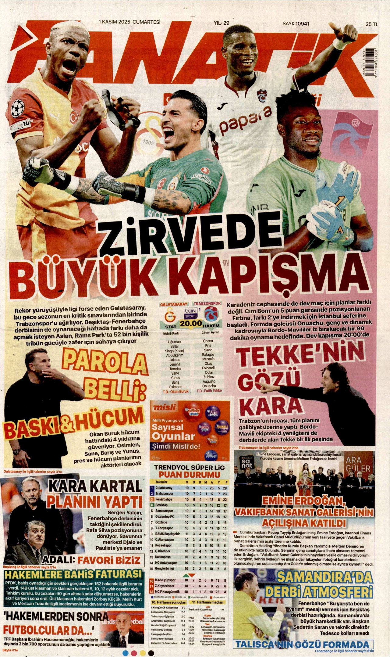 FANATİK gazetesinin 1 Kasım 2025 tarihli birinci sayfası