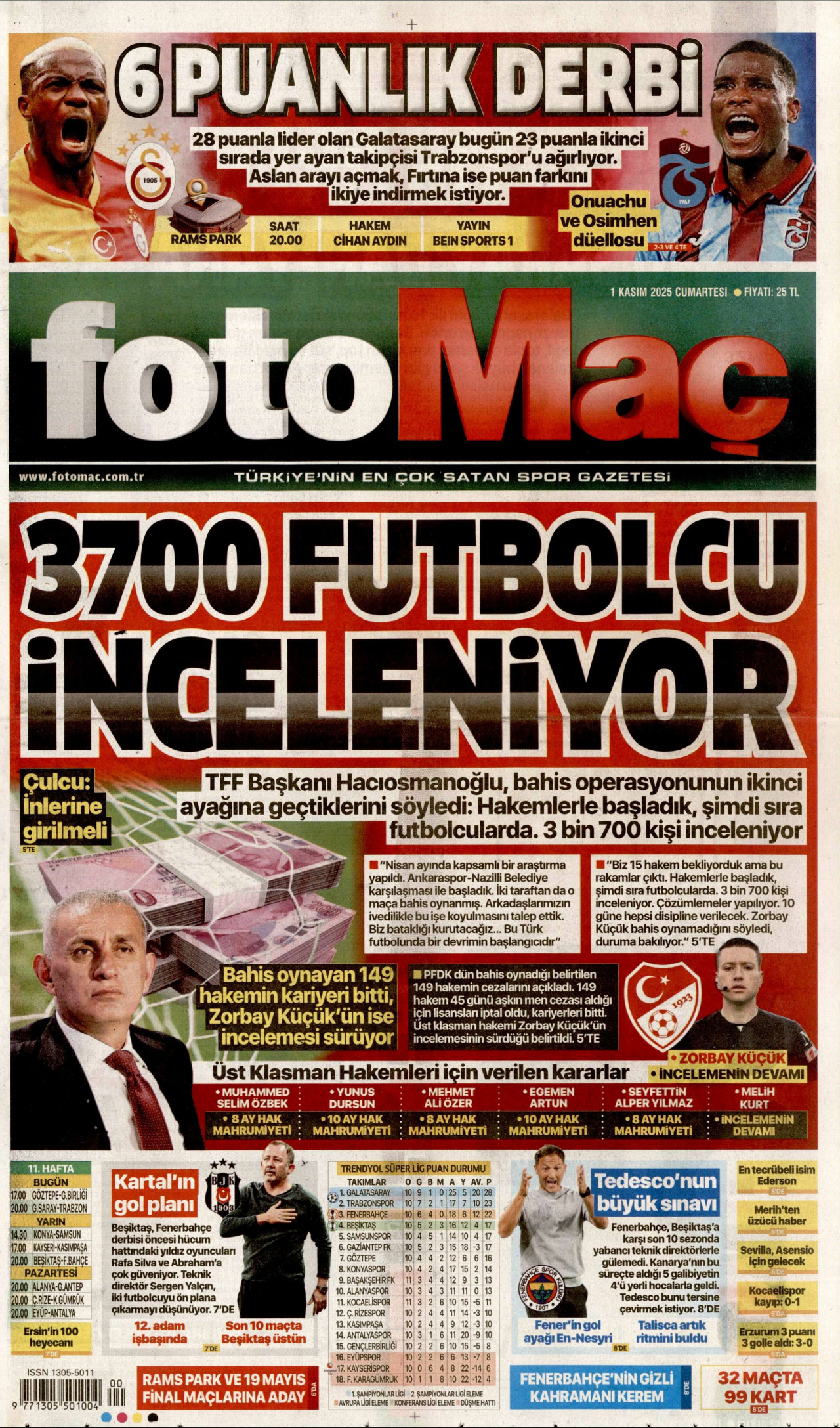 FOTOMAÇ gazetesinin 1 Kasım 2025 tarihli birinci sayfası