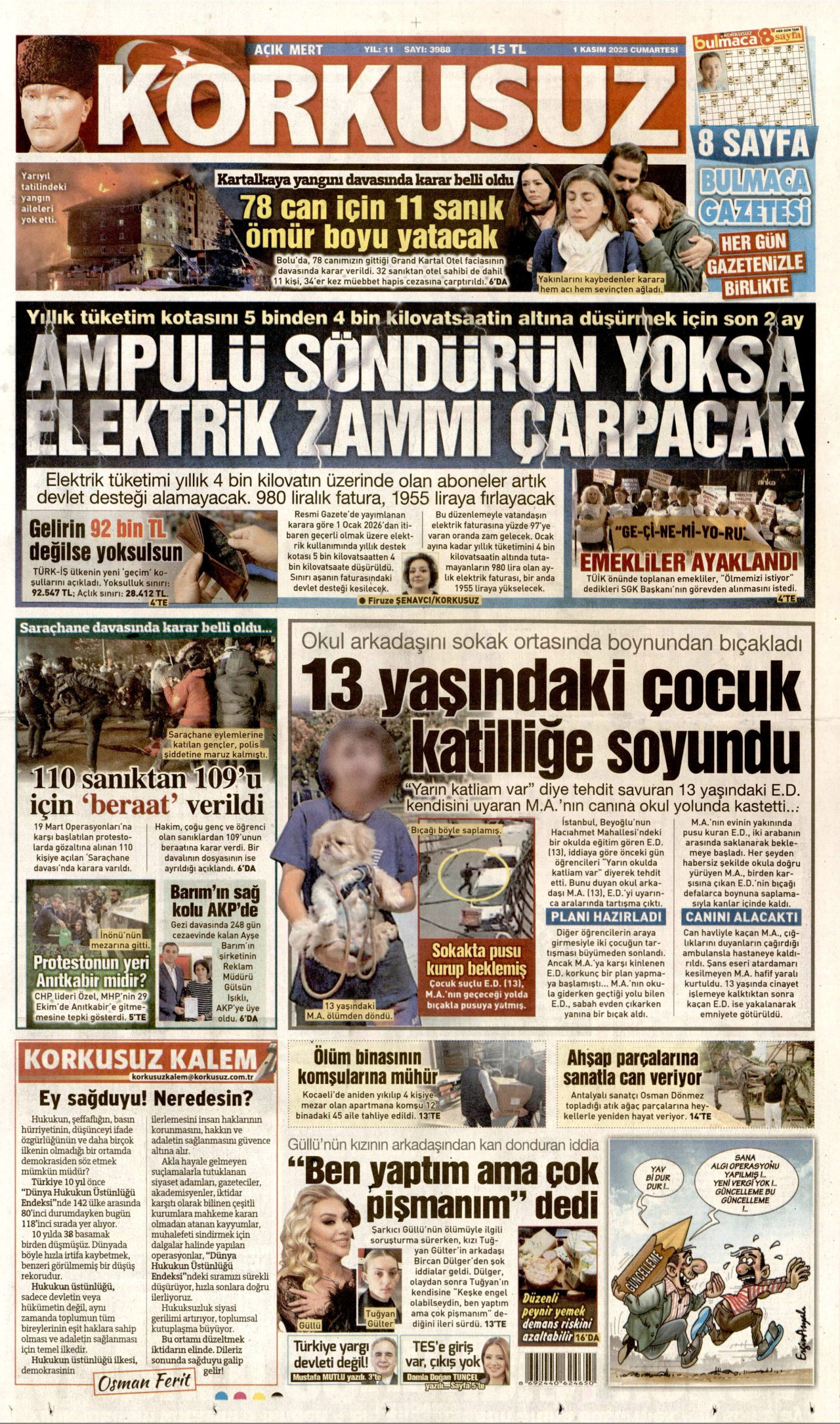 KORKUSUZ gazetesinin 1 Kasım 2025 tarihli birinci sayfası