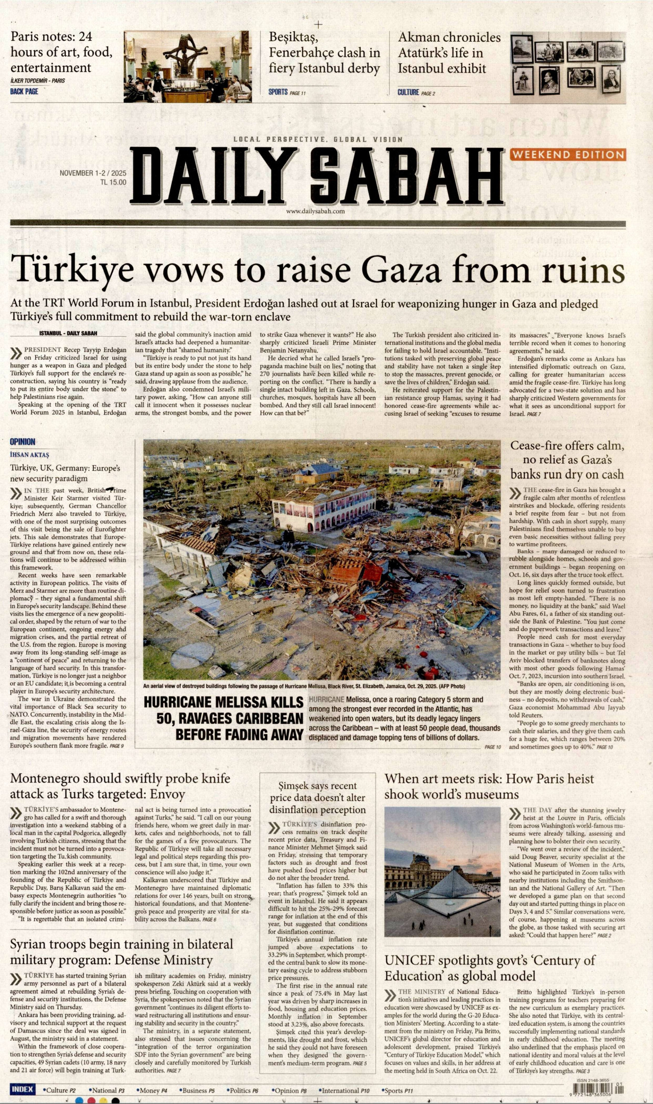 DAİLY SABAH gazetesinin 1 Kasım 2025 tarihli birinci sayfası