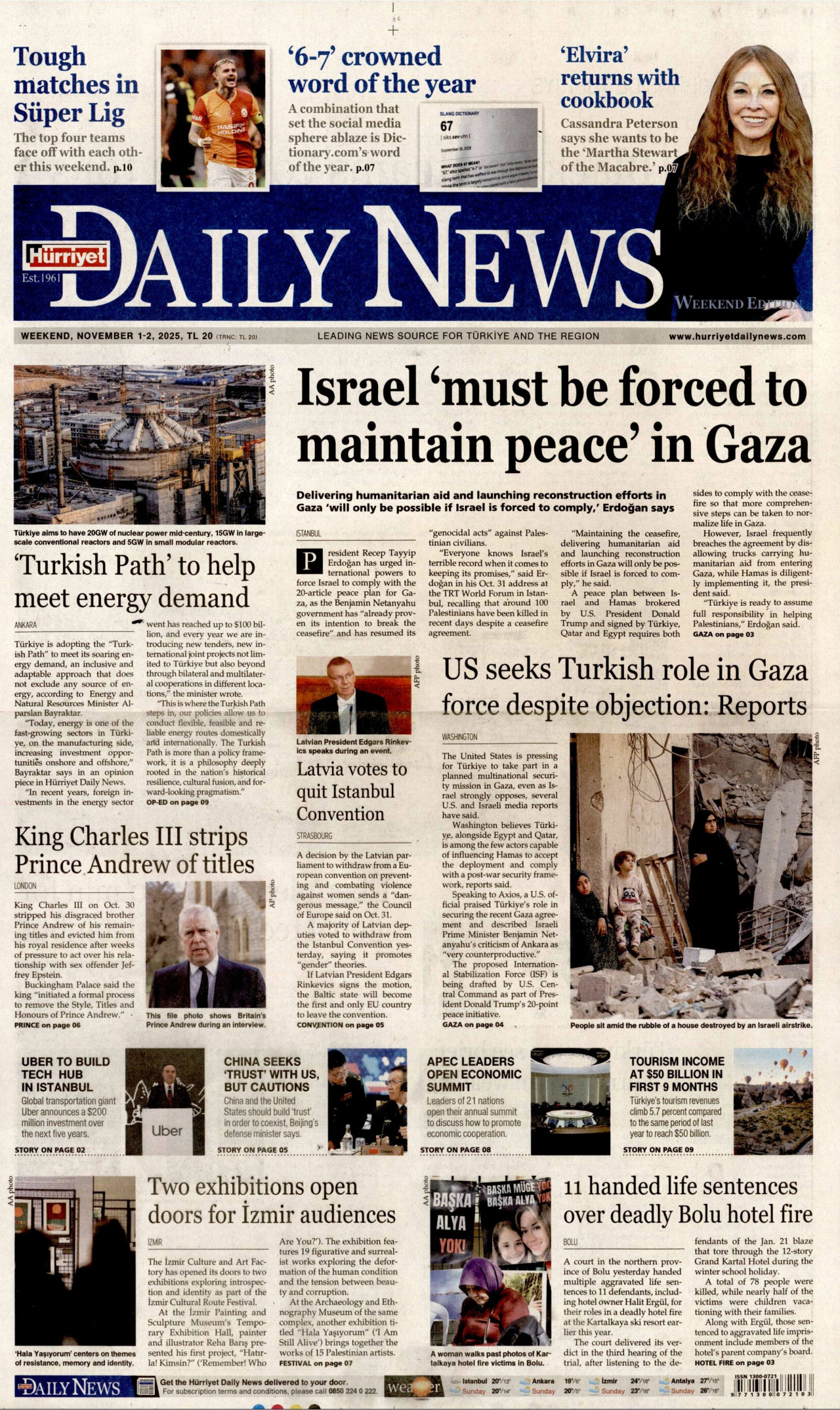 HÜRRİYET DAİLY NEWS gazetesinin 1 Kasım 2025 tarihli birinci sayfası