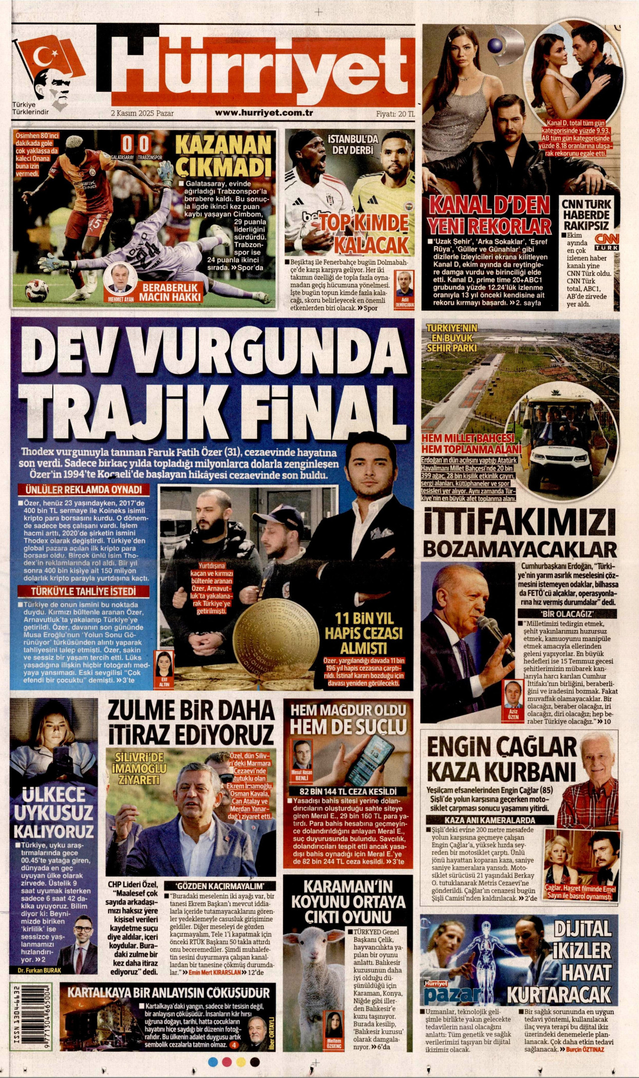 HÜRRİYET gazetesinin 2 Kasım 2025 tarihli birinci sayfası