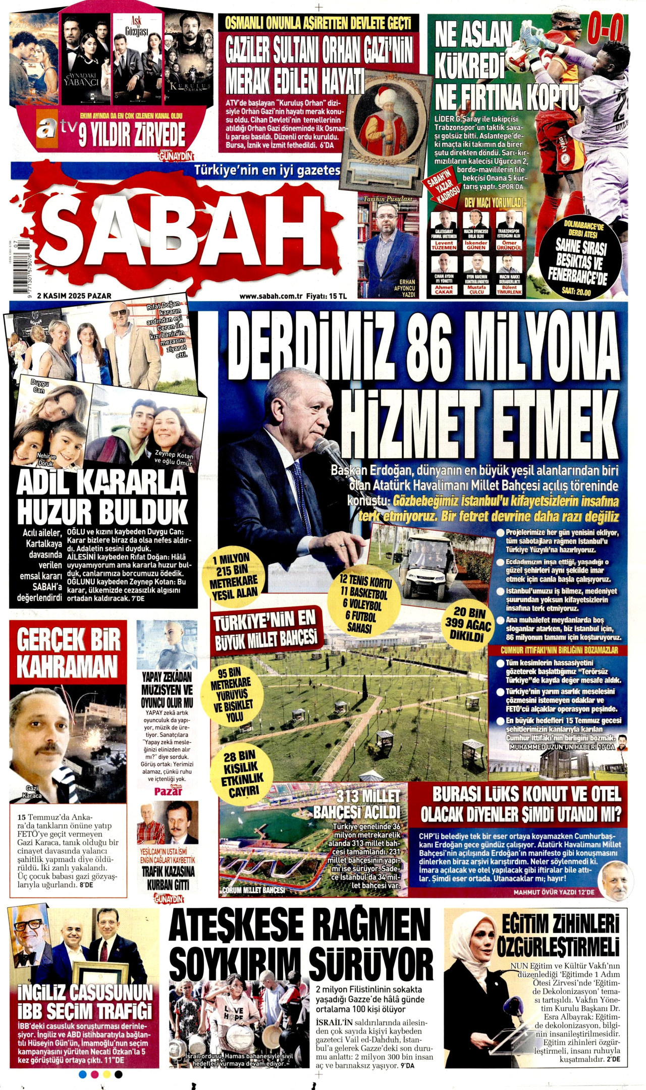 SABAH gazetesinin 2 Kasım 2025 tarihli birinci sayfası