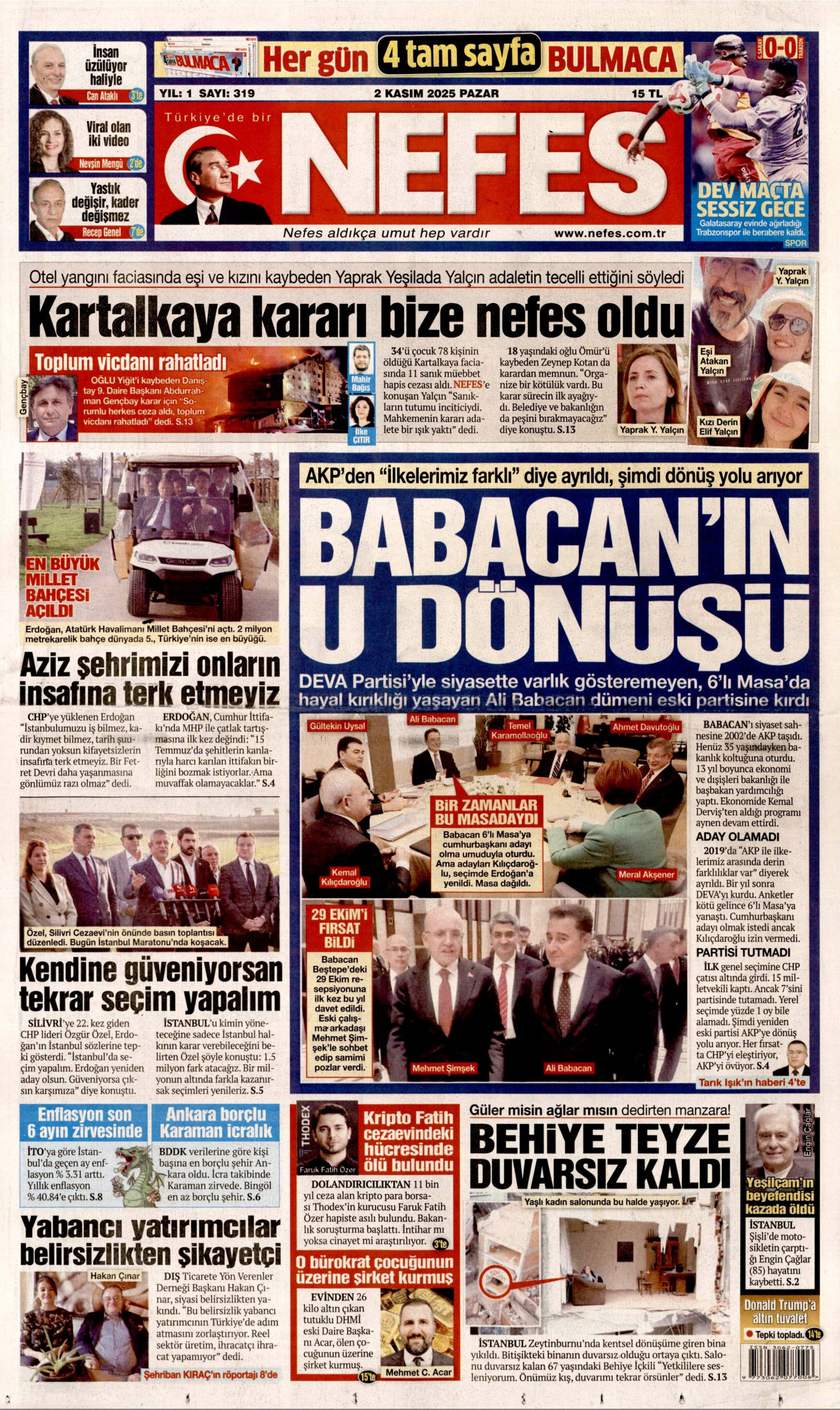 NEFES gazetesinin 2 Kasım 2025 tarihli birinci sayfası