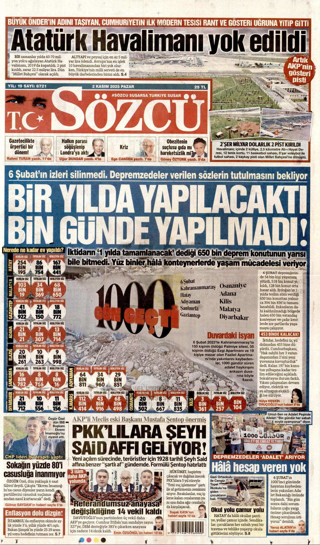 SÖZCÜ gazetesinin 2 Kasım 2025 tarihli birinci sayfası