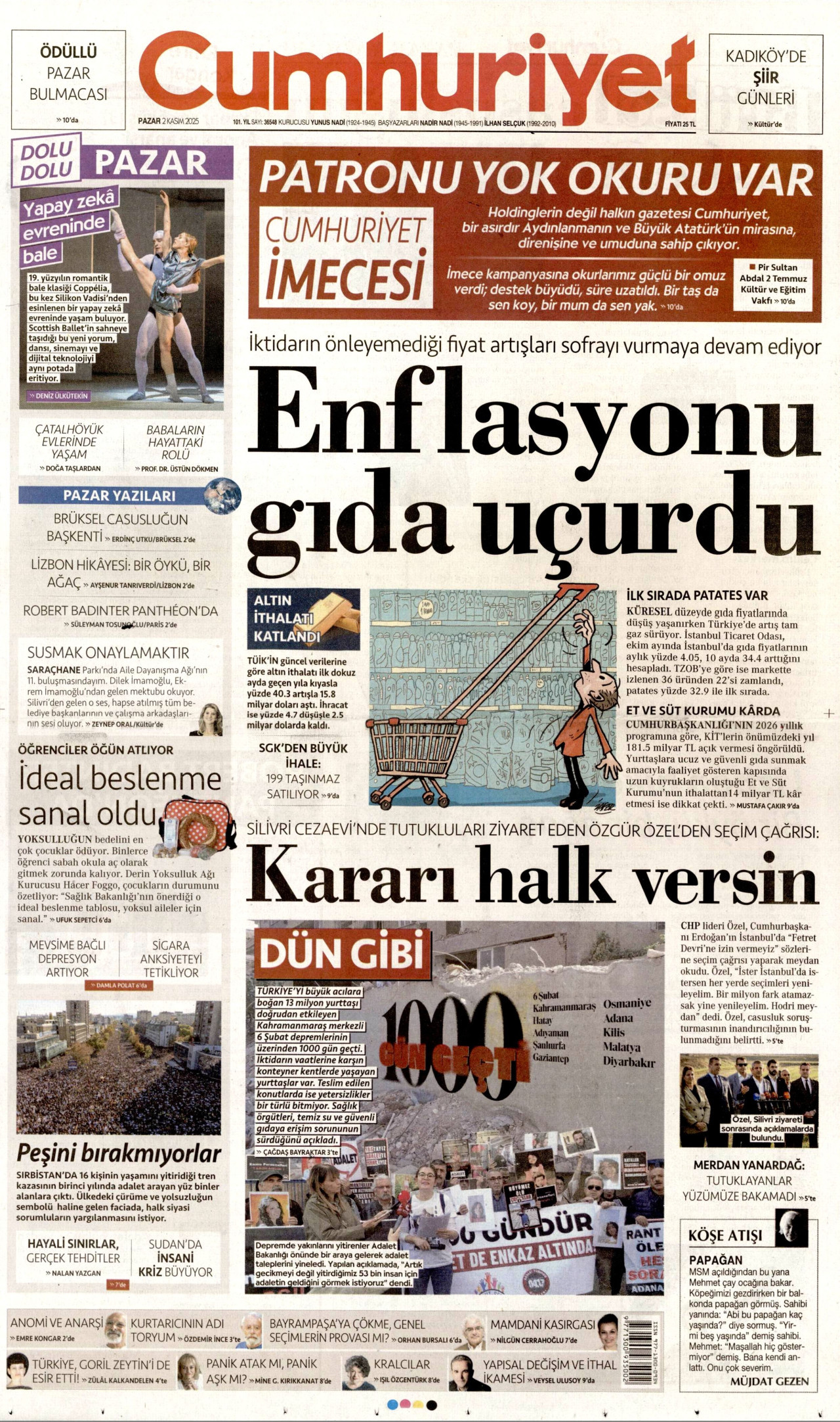 CUMHURİYET gazetesinin 2 Kasım 2025 tarihli birinci sayfası