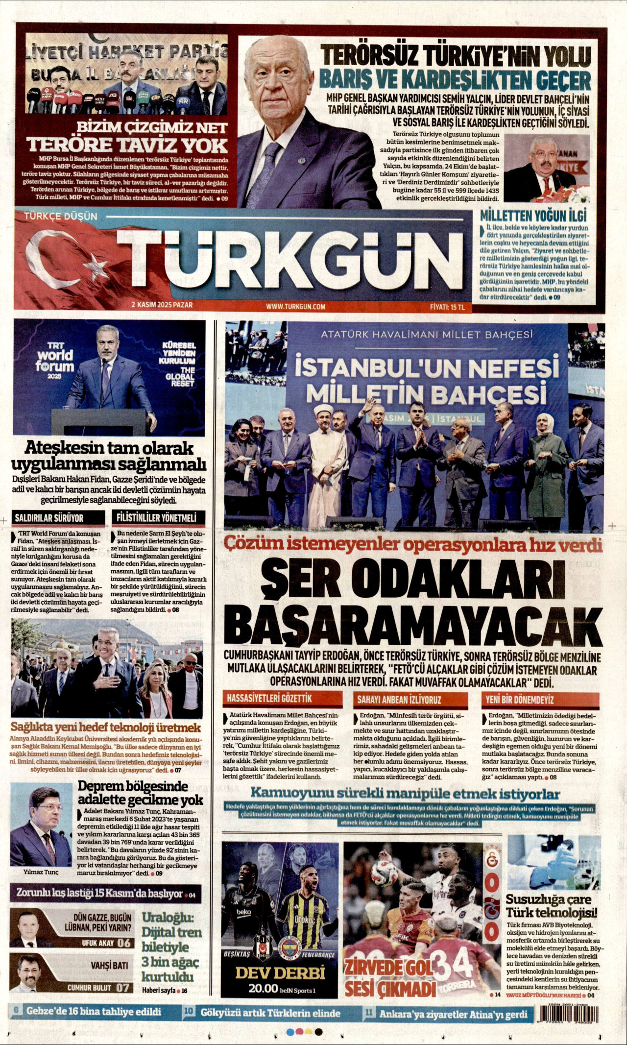 TÜRKGÜN gazetesinin 2 Kasım 2025 tarihli birinci sayfası