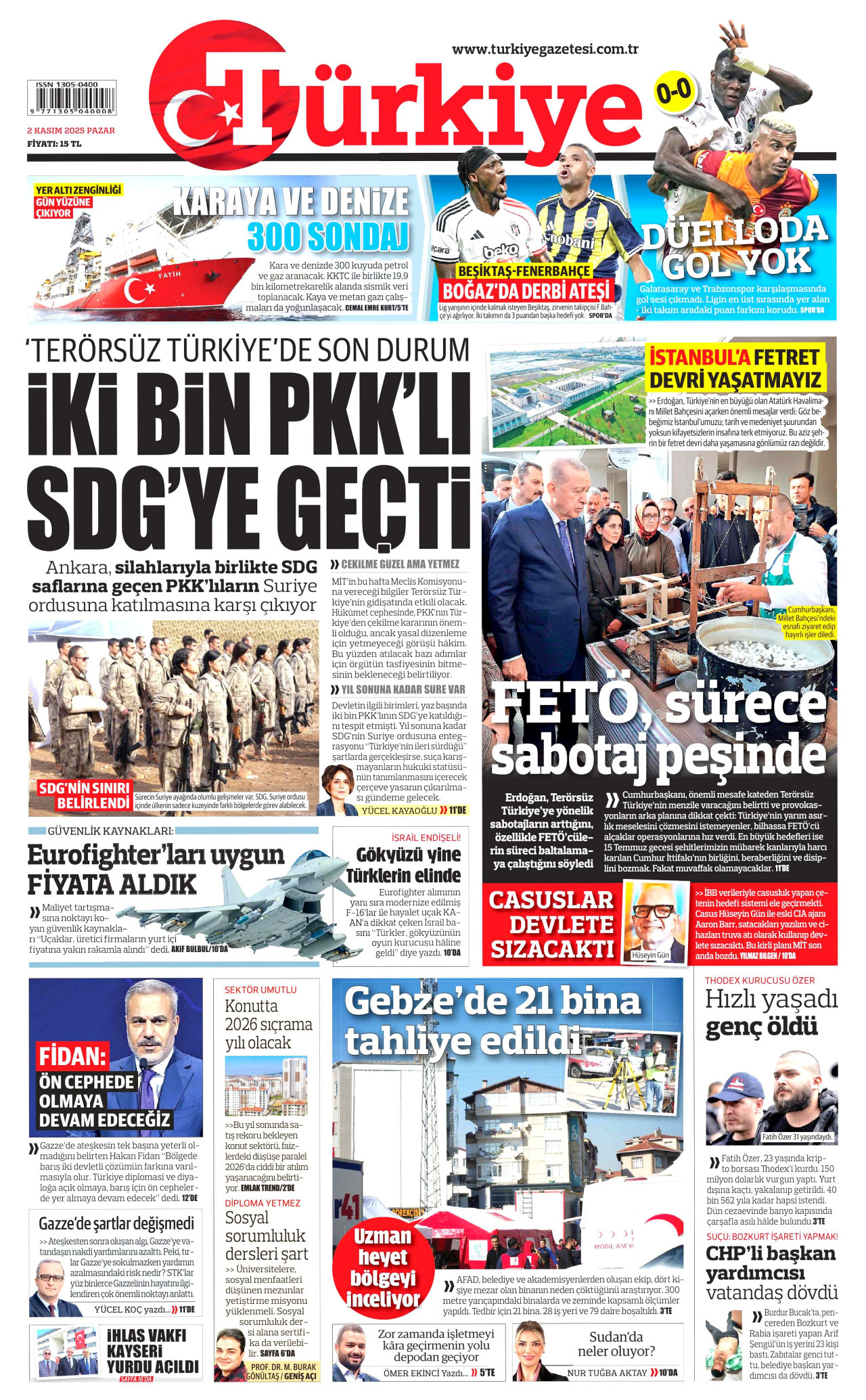TÜRKİYE GAZETESİ gazetesinin 2 Kasım 2025 tarihli birinci sayfası