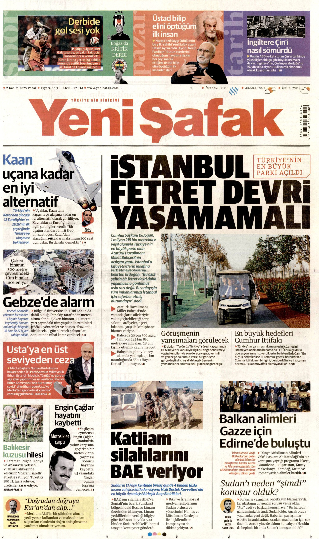 YENİ ŞAFAK gazetesinin 2 Kasım 2025 tarihli birinci sayfası