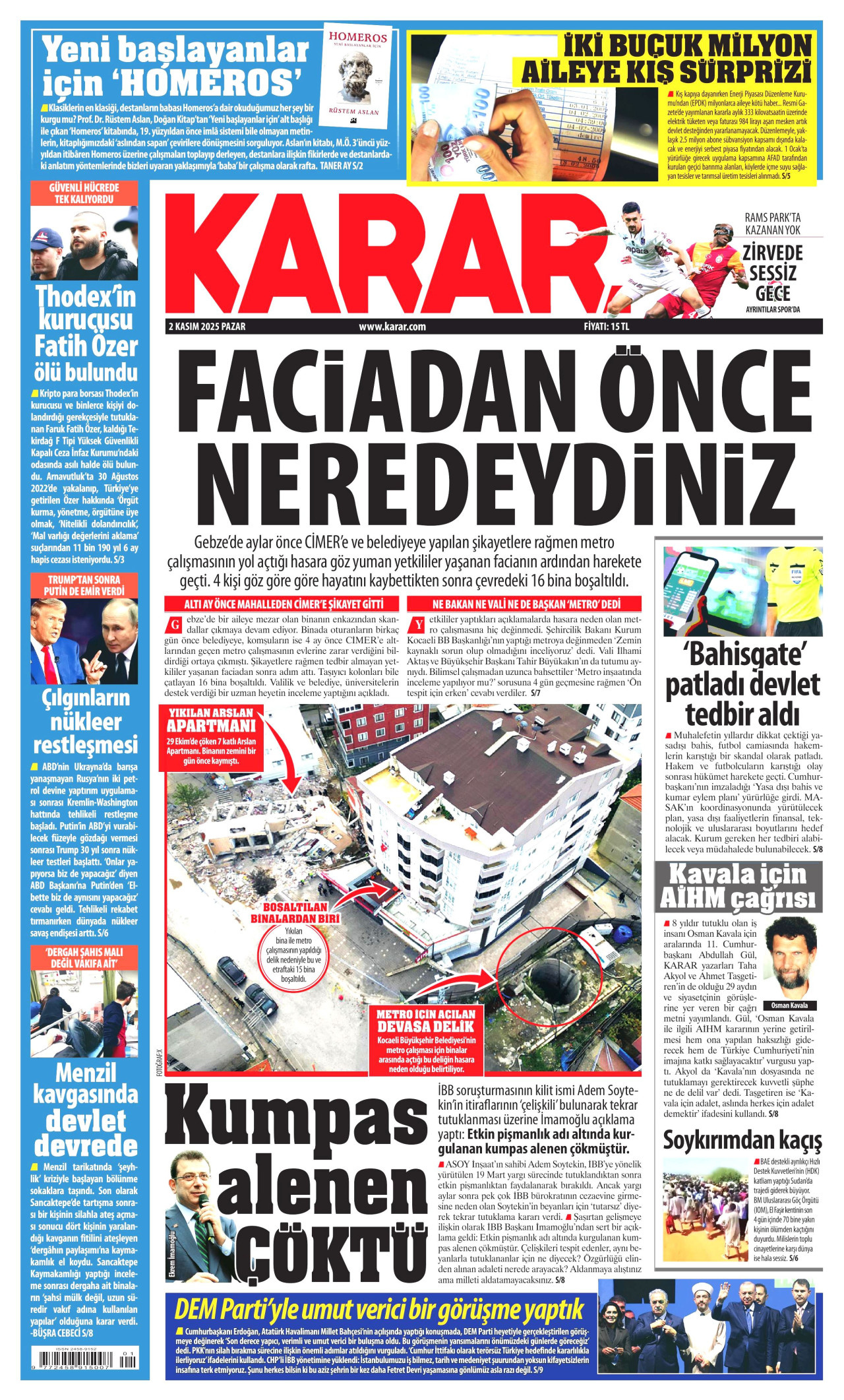 KARAR gazetesinin 2 Kasım 2025 tarihli birinci sayfası