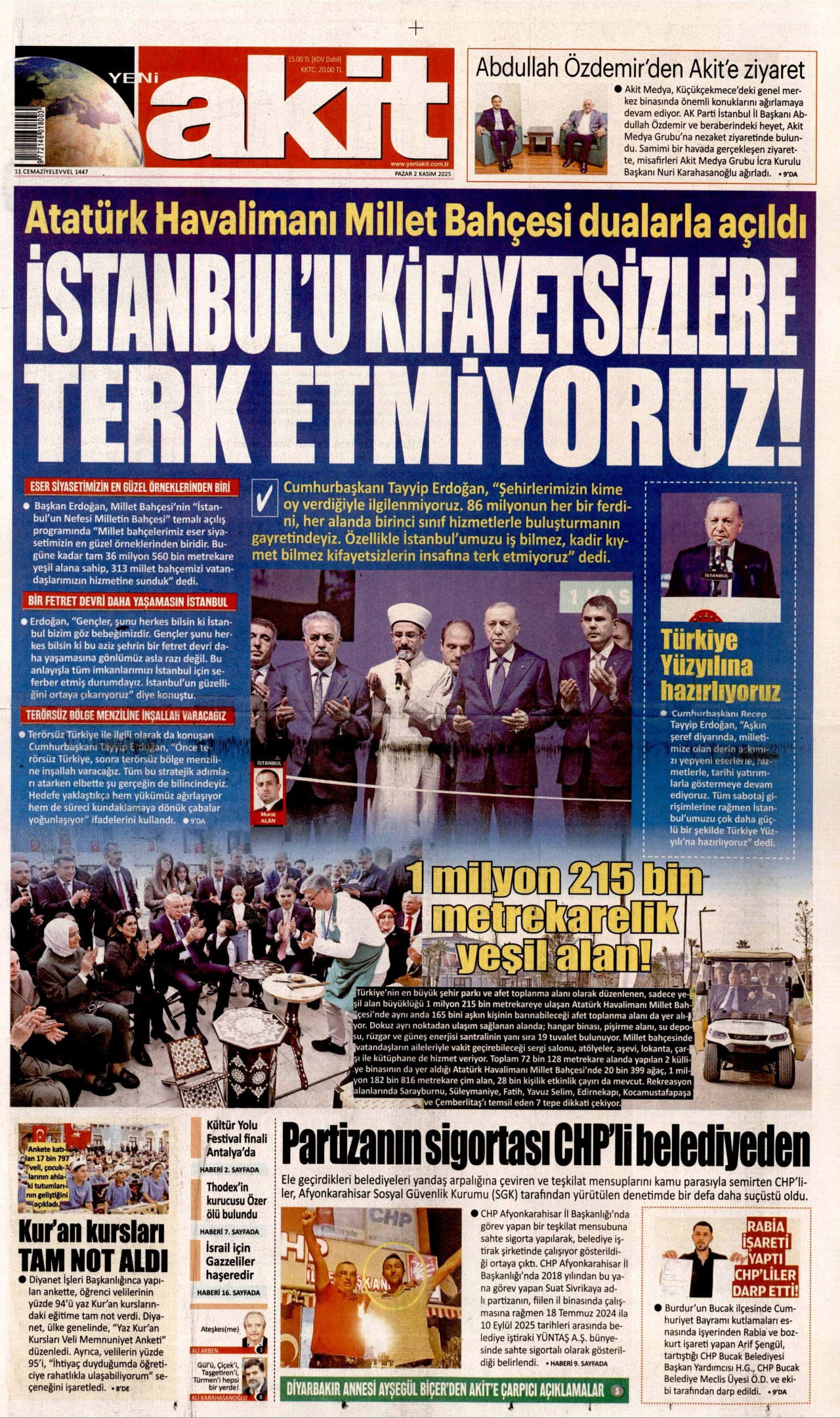 YENİ AKİT gazetesinin 2 Kasım 2025 tarihli birinci sayfası
