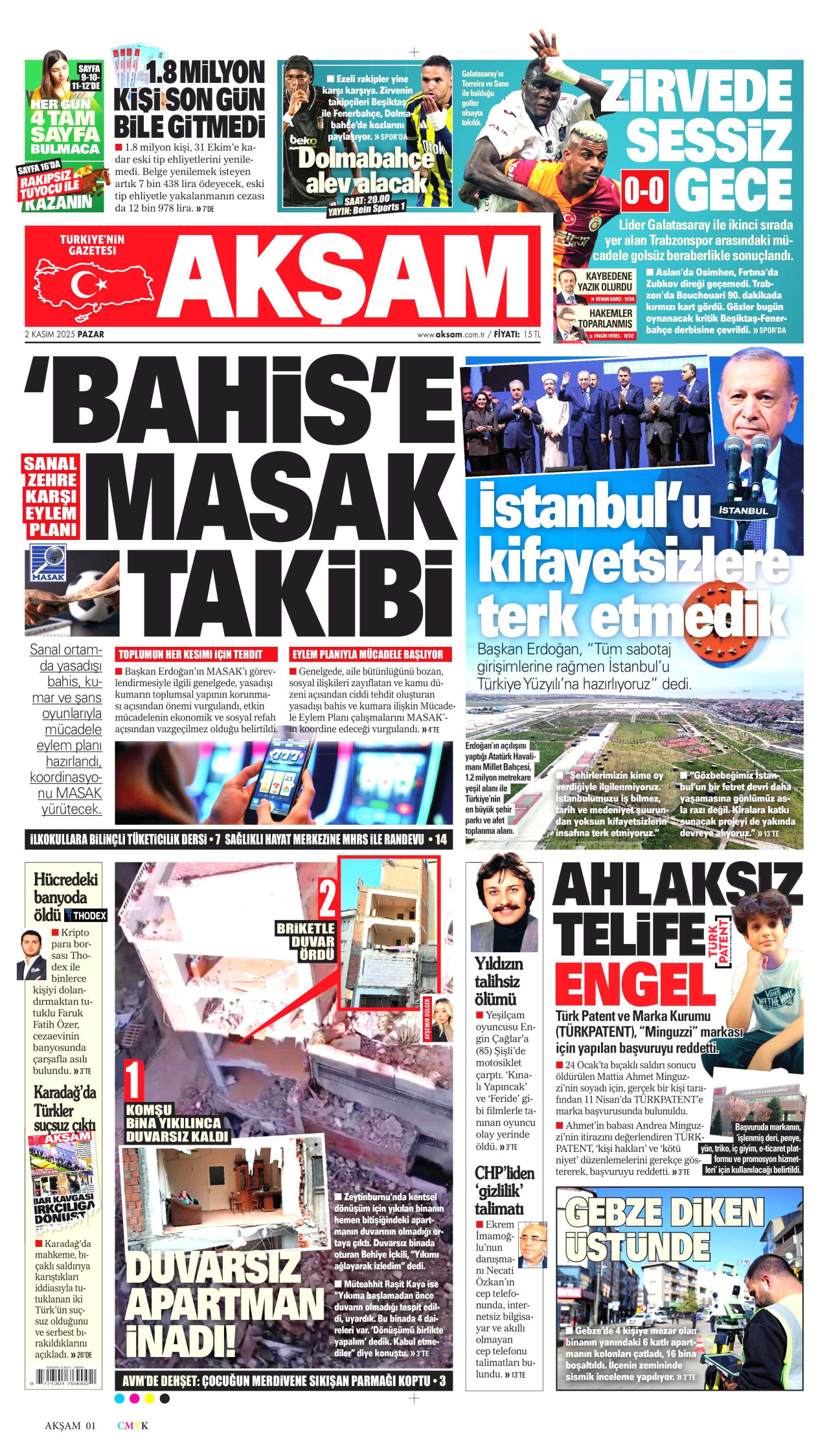 AKŞAM gazetesinin 2 Kasım 2025 tarihli birinci sayfası