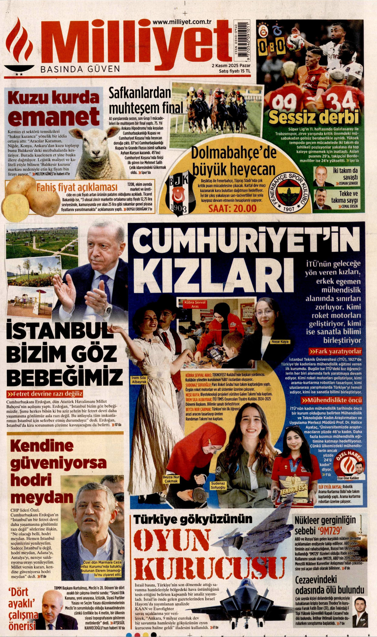 MİLLİYET gazetesinin 2 Kasım 2025 tarihli birinci sayfası