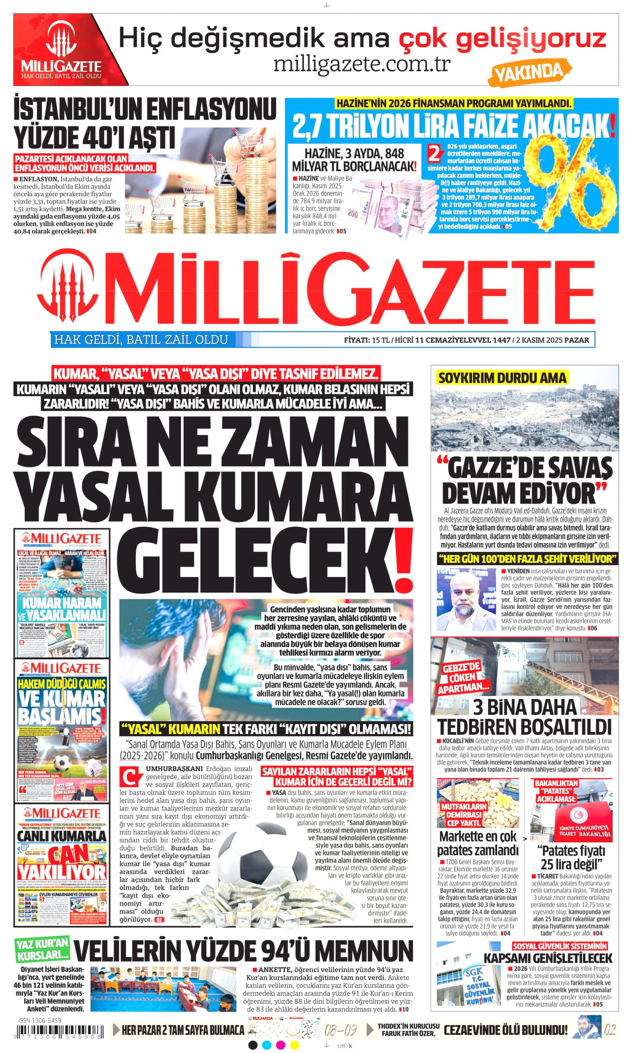 MİLLİ GAZETE gazetesinin 2 Kasım 2025 tarihli birinci sayfası