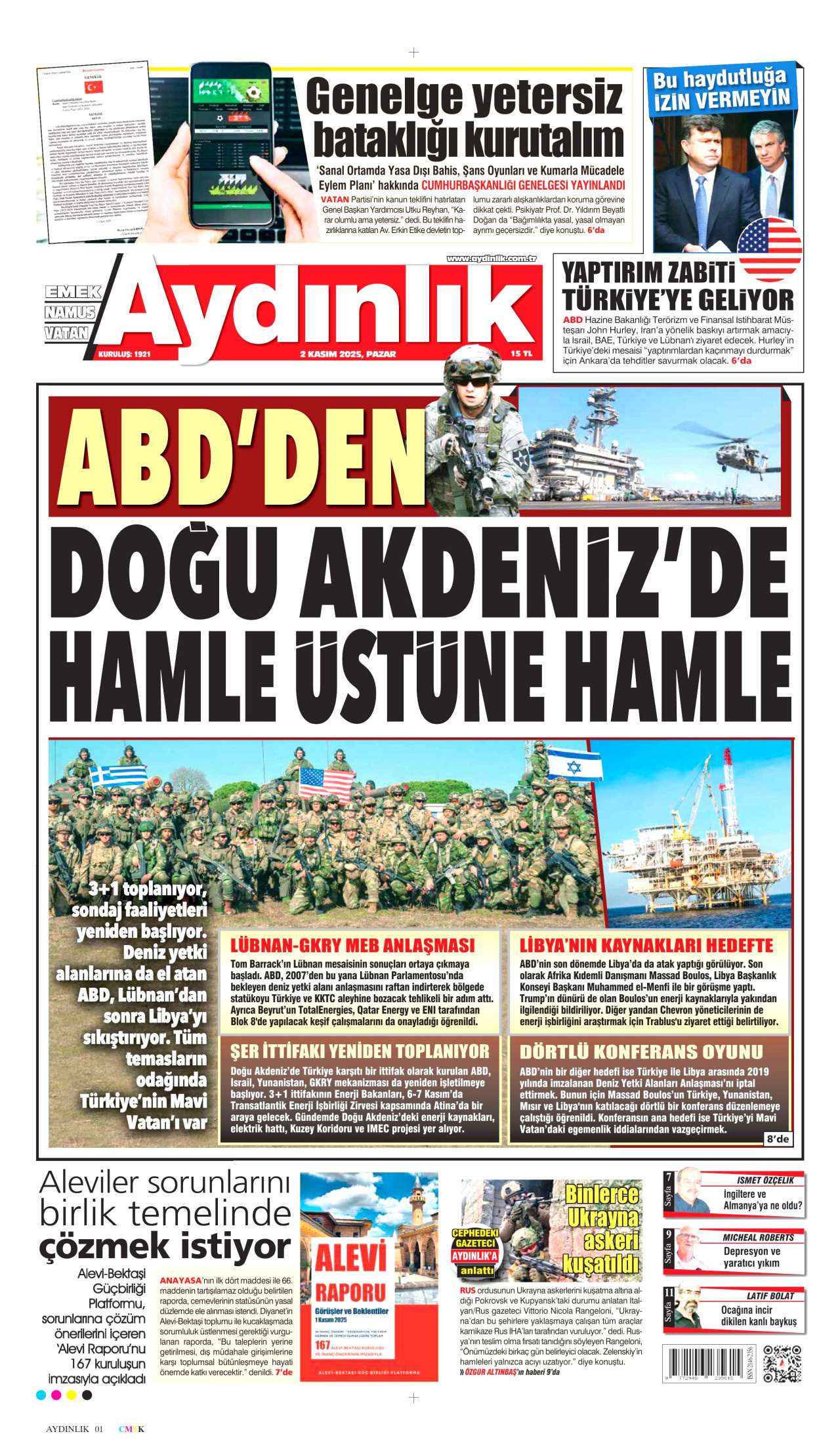 AYDINLIK GAZETESİ gazetesinin 2 Kasım 2025 tarihli birinci sayfası