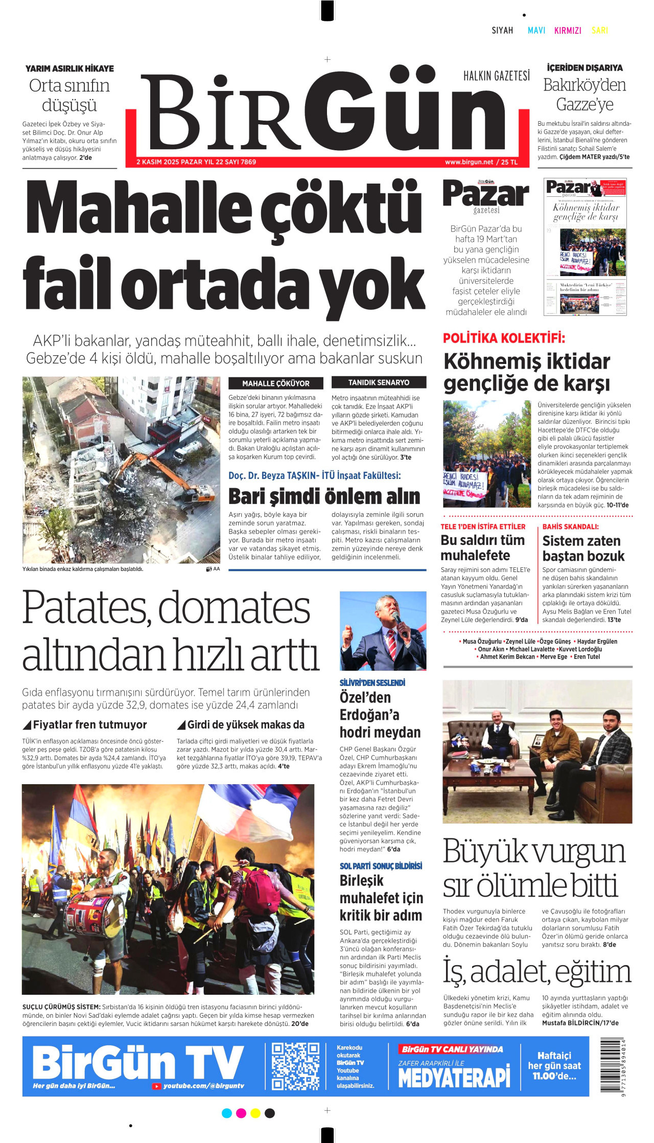 BİRGÜN gazetesinin 2 Kasım 2025 tarihli birinci sayfası