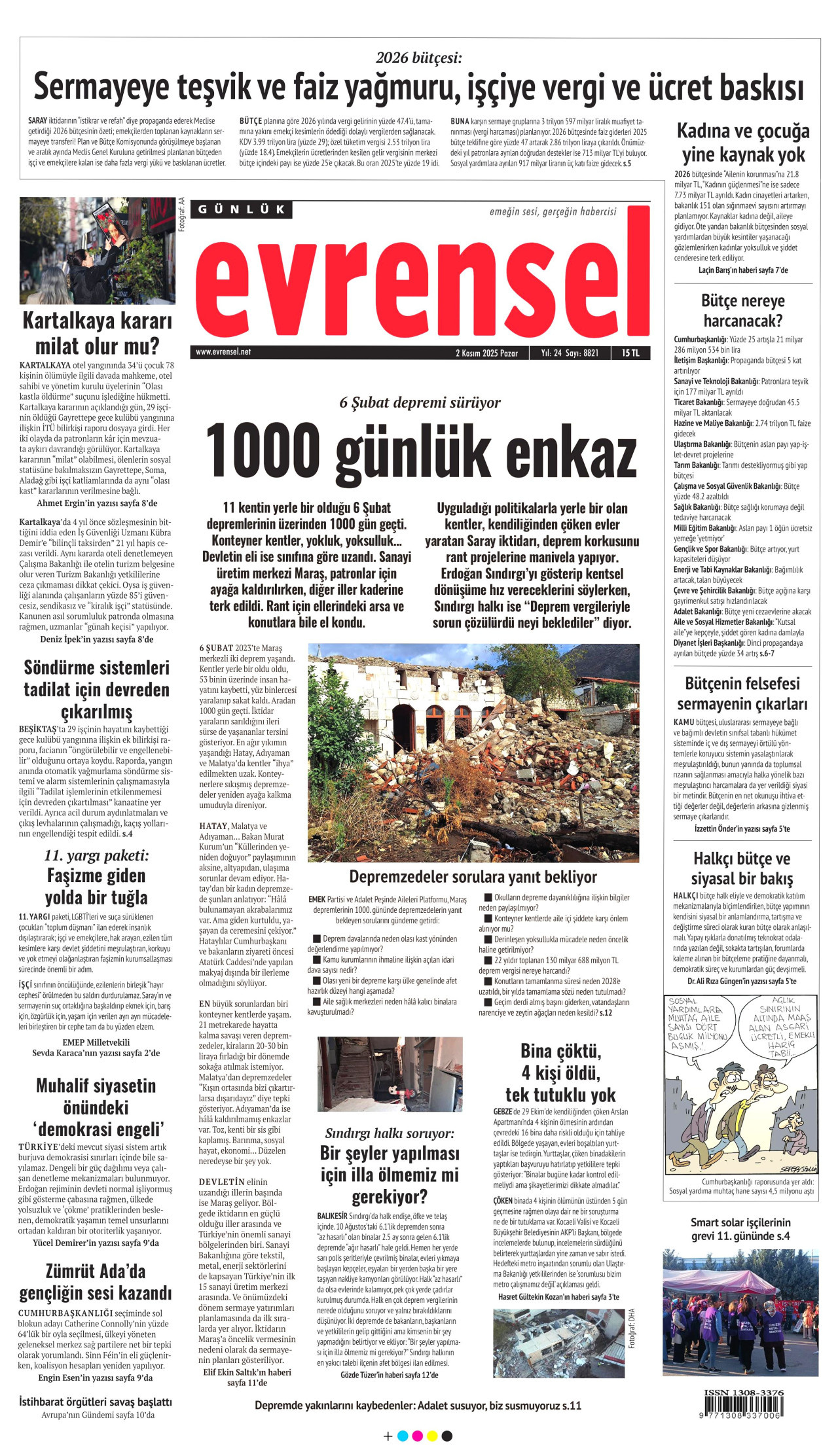 EVRENSEL gazetesinin 2 Kasım 2025 tarihli birinci sayfası