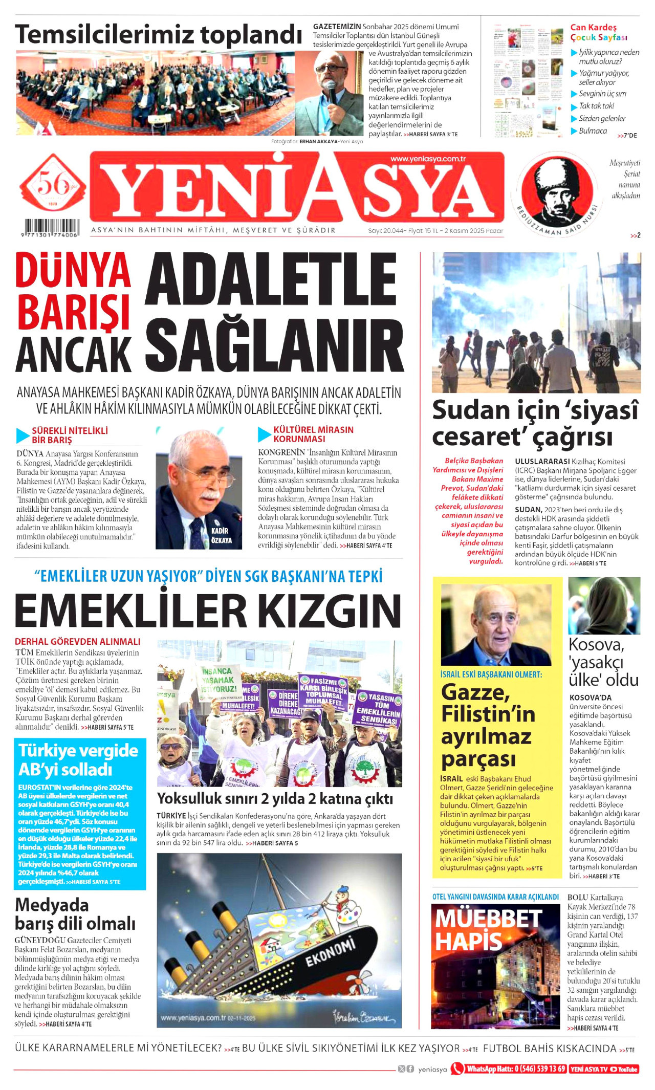 YENİ ASYA gazetesinin 2 Kasım 2025 tarihli birinci sayfası