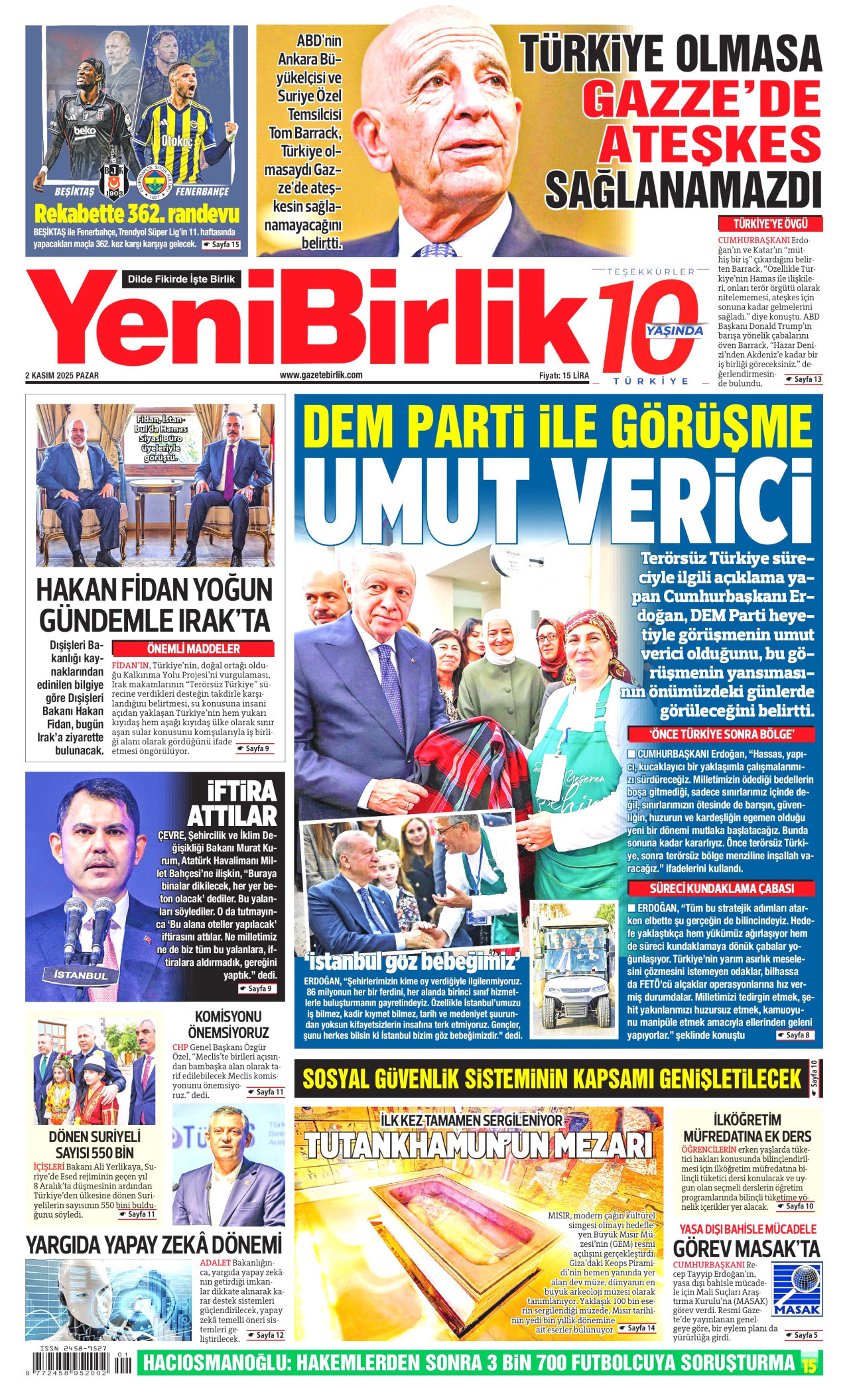 YENİBİRLİK gazetesinin 2 Kasım 2025 tarihli birinci sayfası