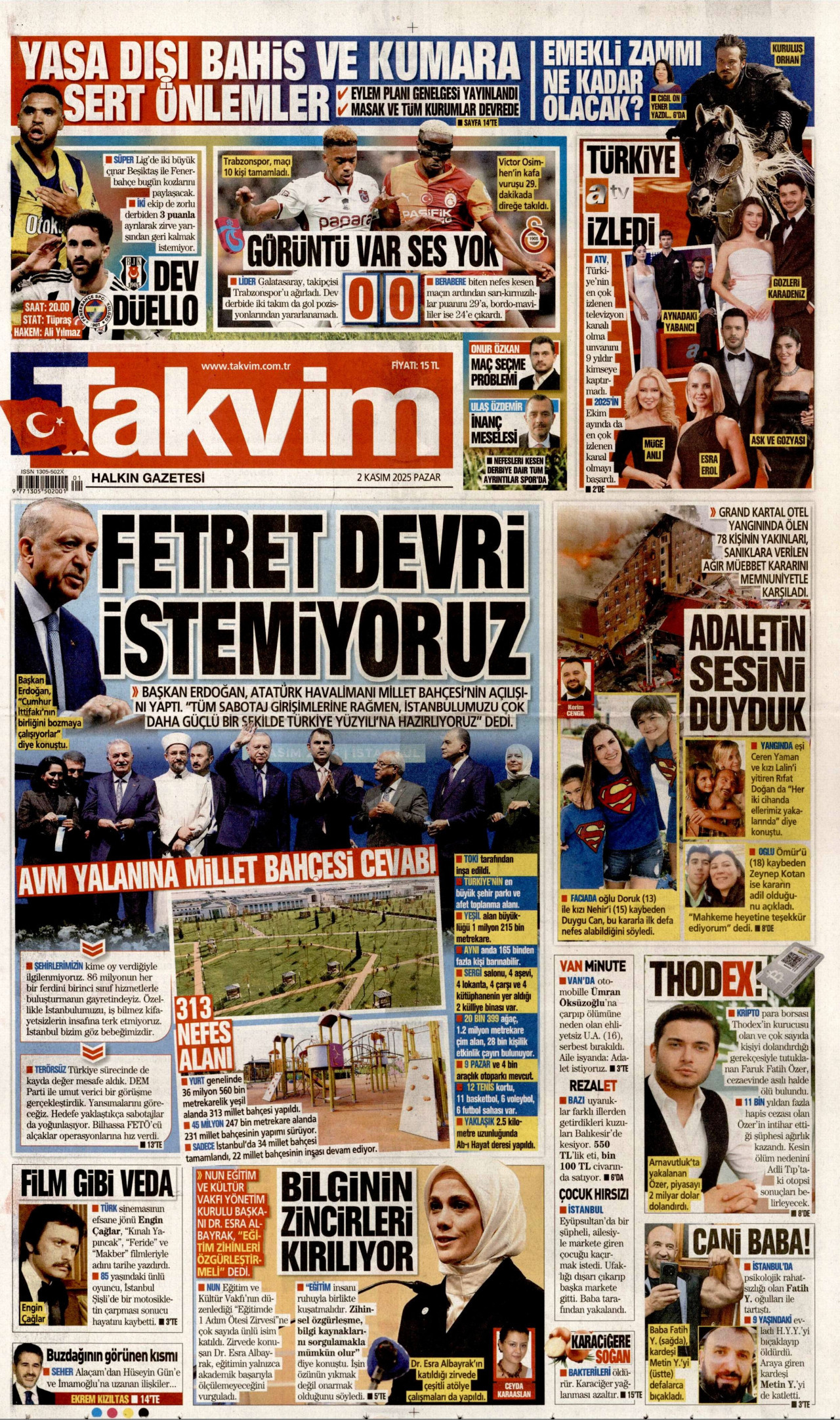 TAKVİM gazetesinin 2 Kasım 2025 tarihli birinci sayfası