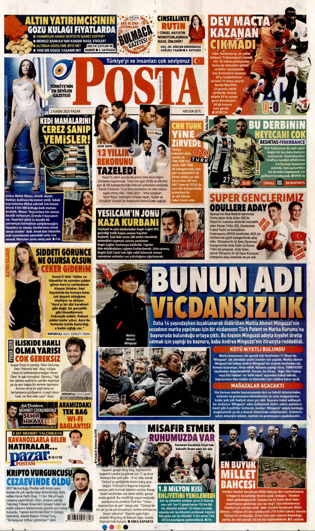 POSTA gazetesinin 2 Kasım 2025 tarihli birinci sayfası
