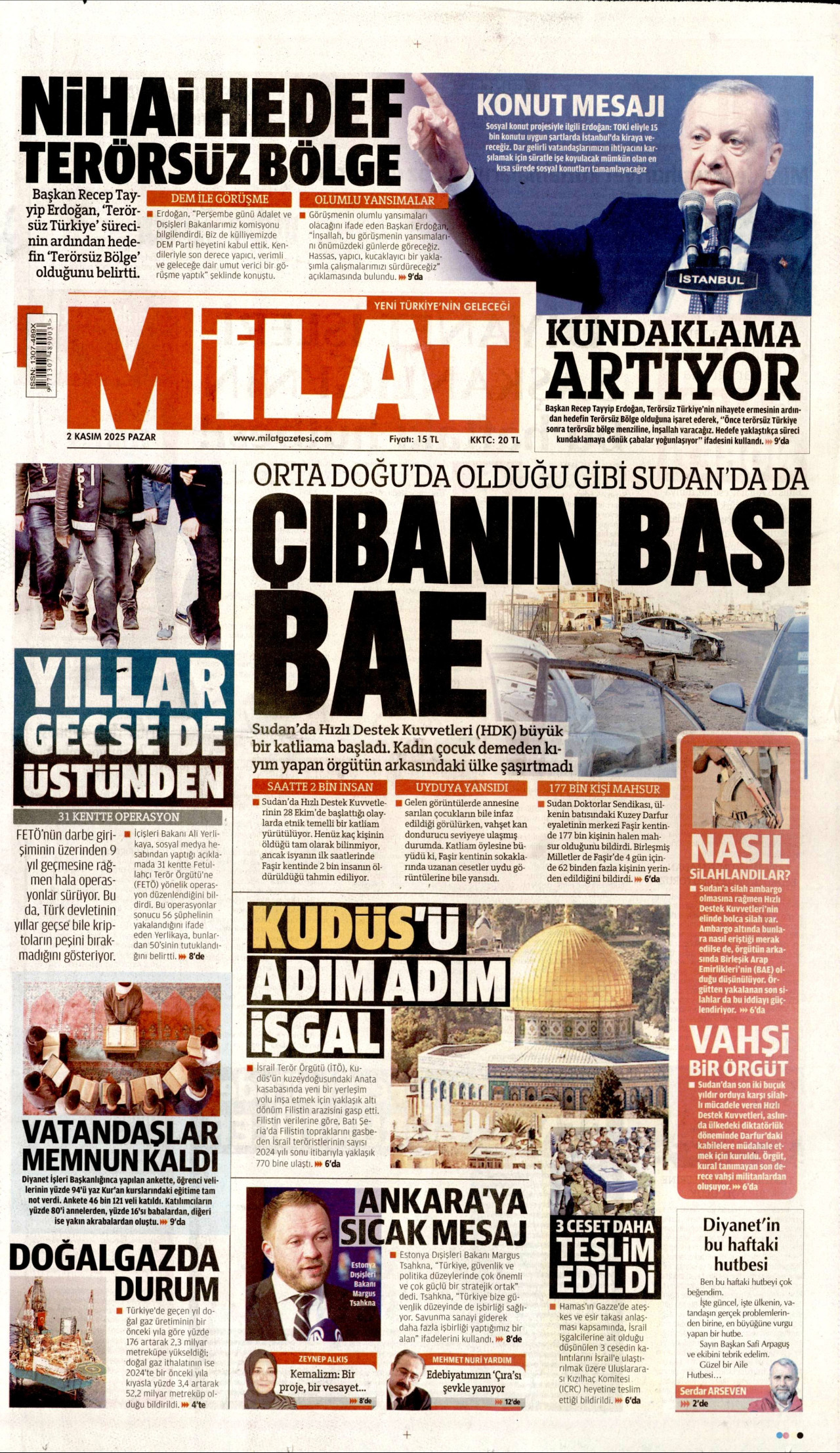 MİLAT gazetesinin 2 Kasım 2025 tarihli birinci sayfası