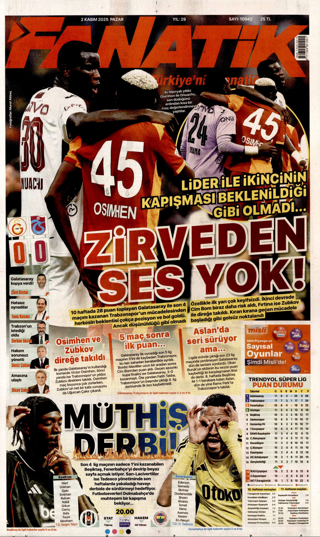 FANATİK gazetesinin 2 Kasım 2025 tarihli birinci sayfası