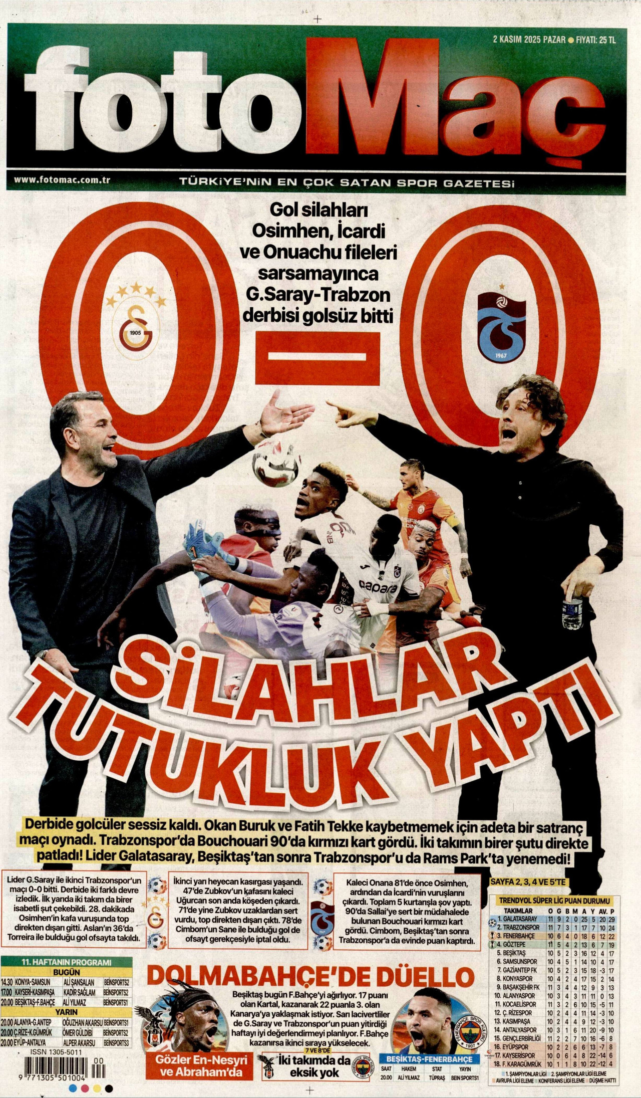 FOTOMAÇ gazetesinin 2 Kasım 2025 tarihli birinci sayfası