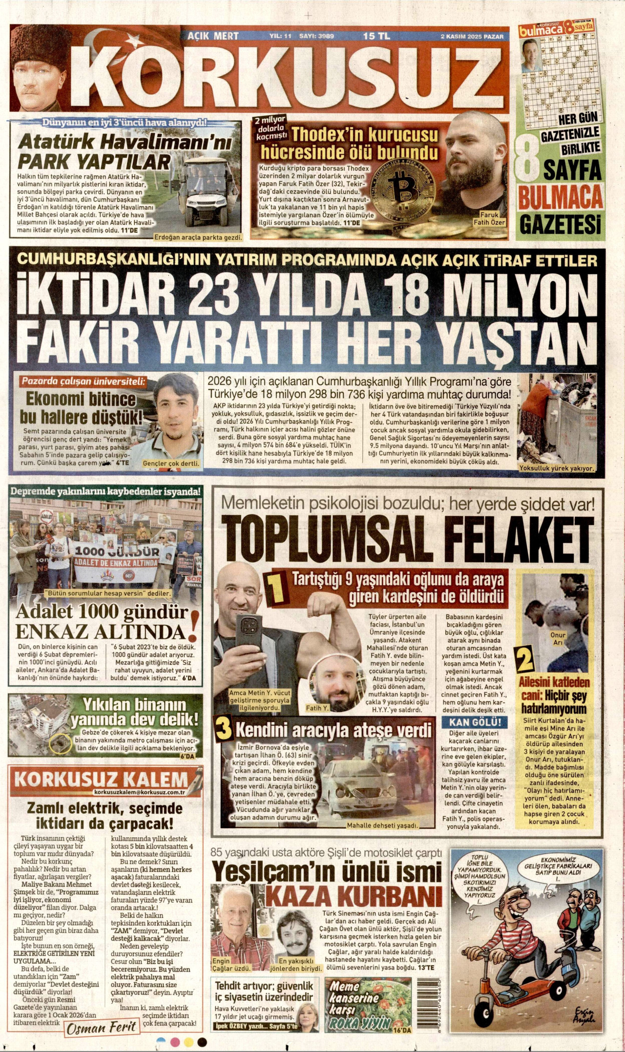 KORKUSUZ gazetesinin 2 Kasım 2025 tarihli birinci sayfası