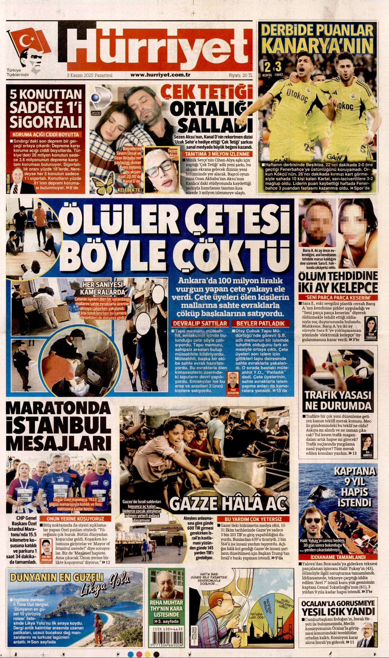 HÜRRİYET gazetesinin 3 Kasım 2025 tarihli birinci sayfası