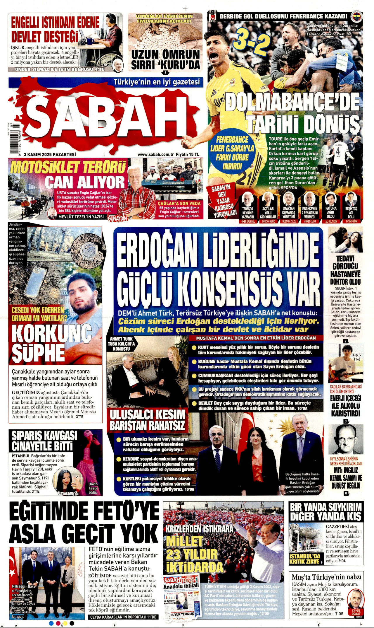 SABAH gazetesinin 3 Kasım 2025 tarihli birinci sayfası