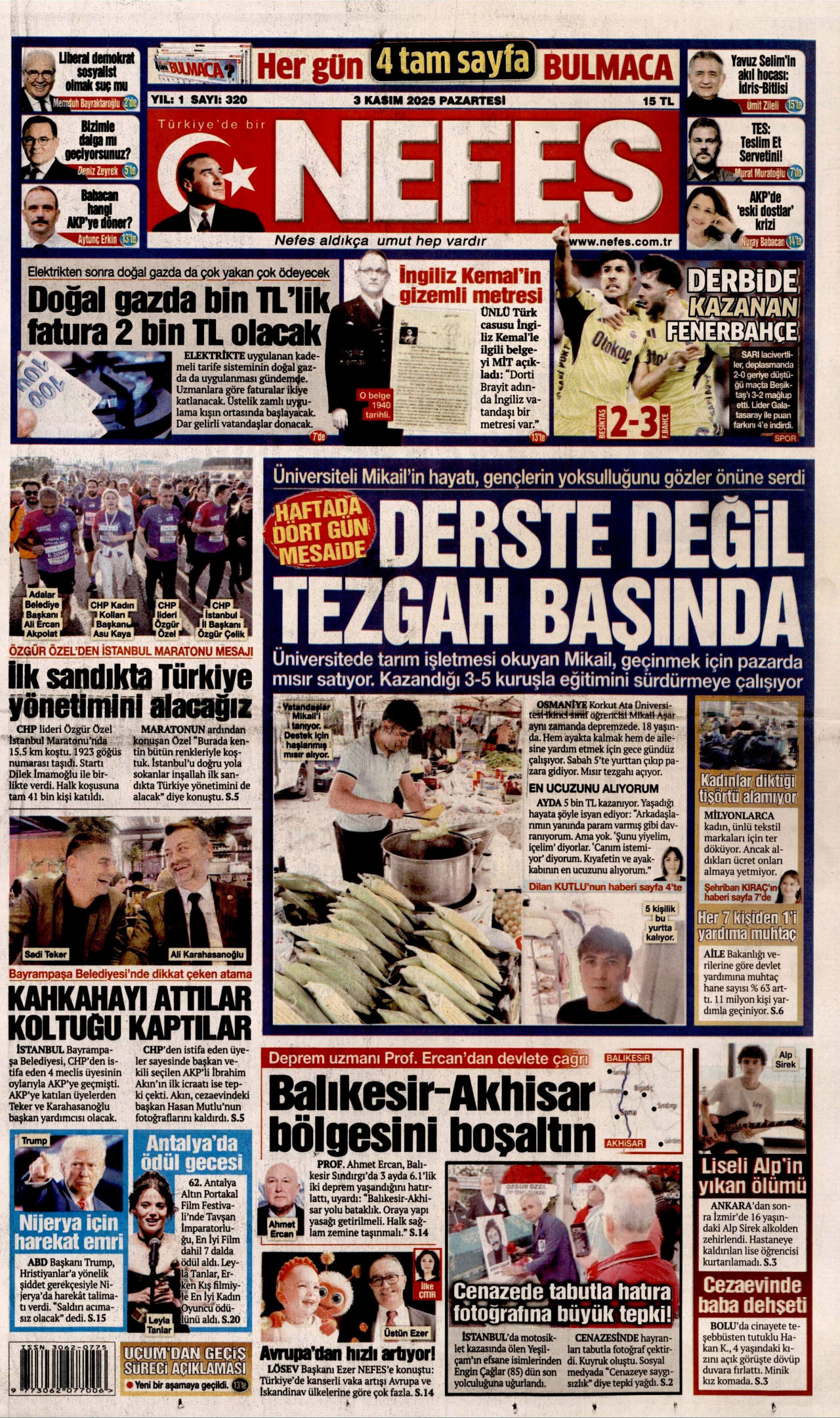 NEFES gazetesinin 3 Kasım 2025 tarihli birinci sayfası