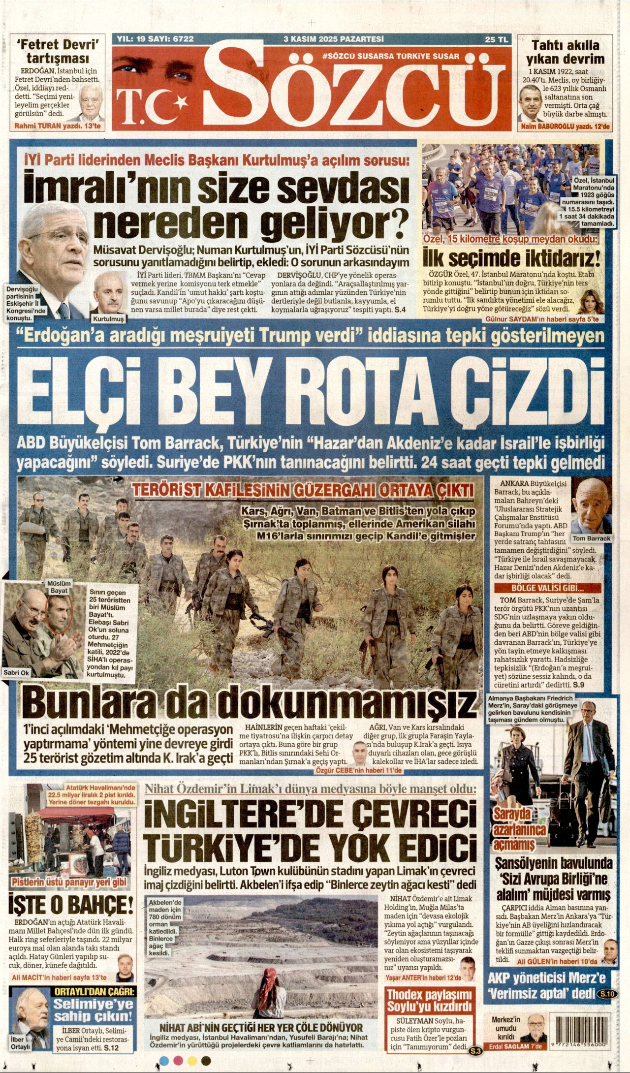 SÖZCÜ gazetesinin 3 Kasım 2025 tarihli birinci sayfası