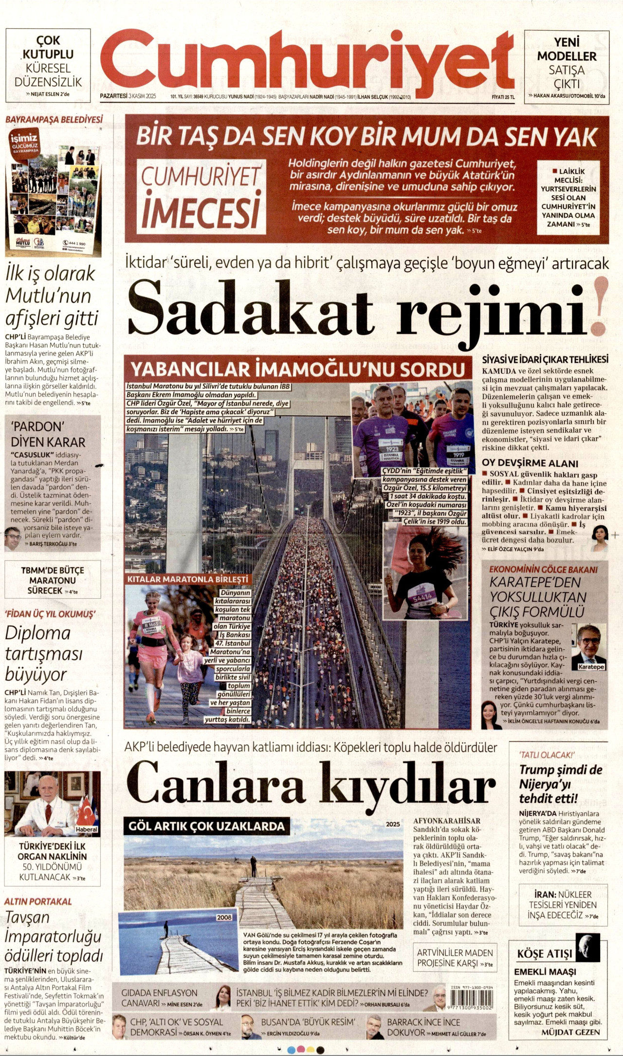 CUMHURİYET gazetesinin 3 Kasım 2025 tarihli birinci sayfası