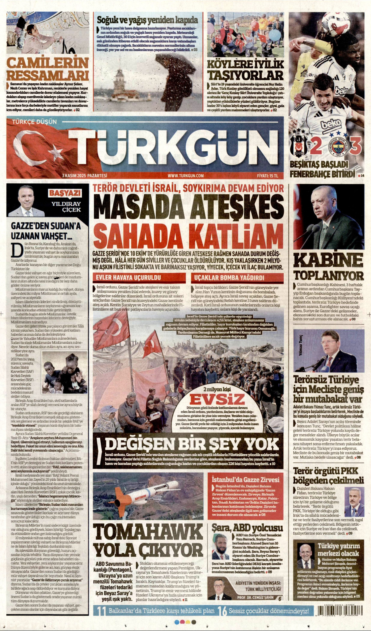 TÜRKGÜN gazetesinin 3 Kasım 2025 tarihli birinci sayfası