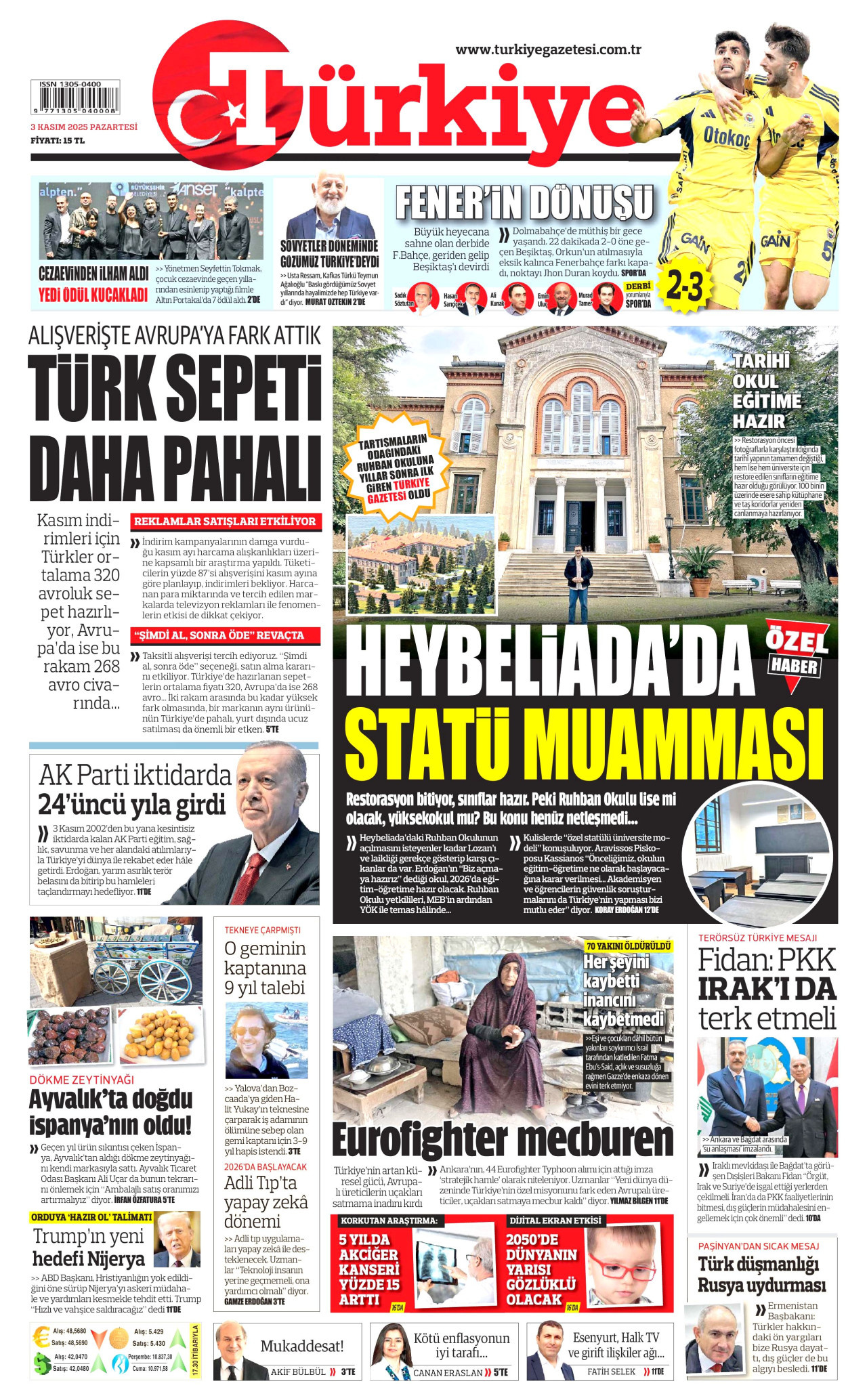 TÜRKİYE GAZETESİ gazetesinin 3 Kasım 2025 tarihli birinci sayfası