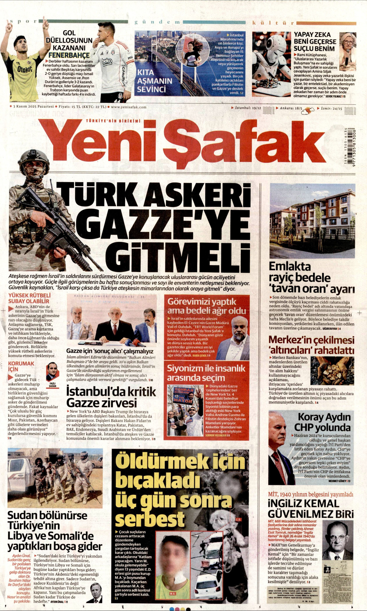 YENİ ŞAFAK gazetesinin 3 Kasım 2025 tarihli birinci sayfası