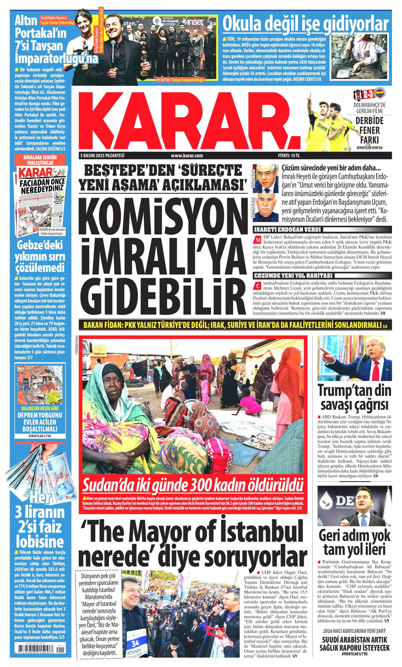 KARAR gazetesinin 3 Kasım 2025 tarihli birinci sayfası
