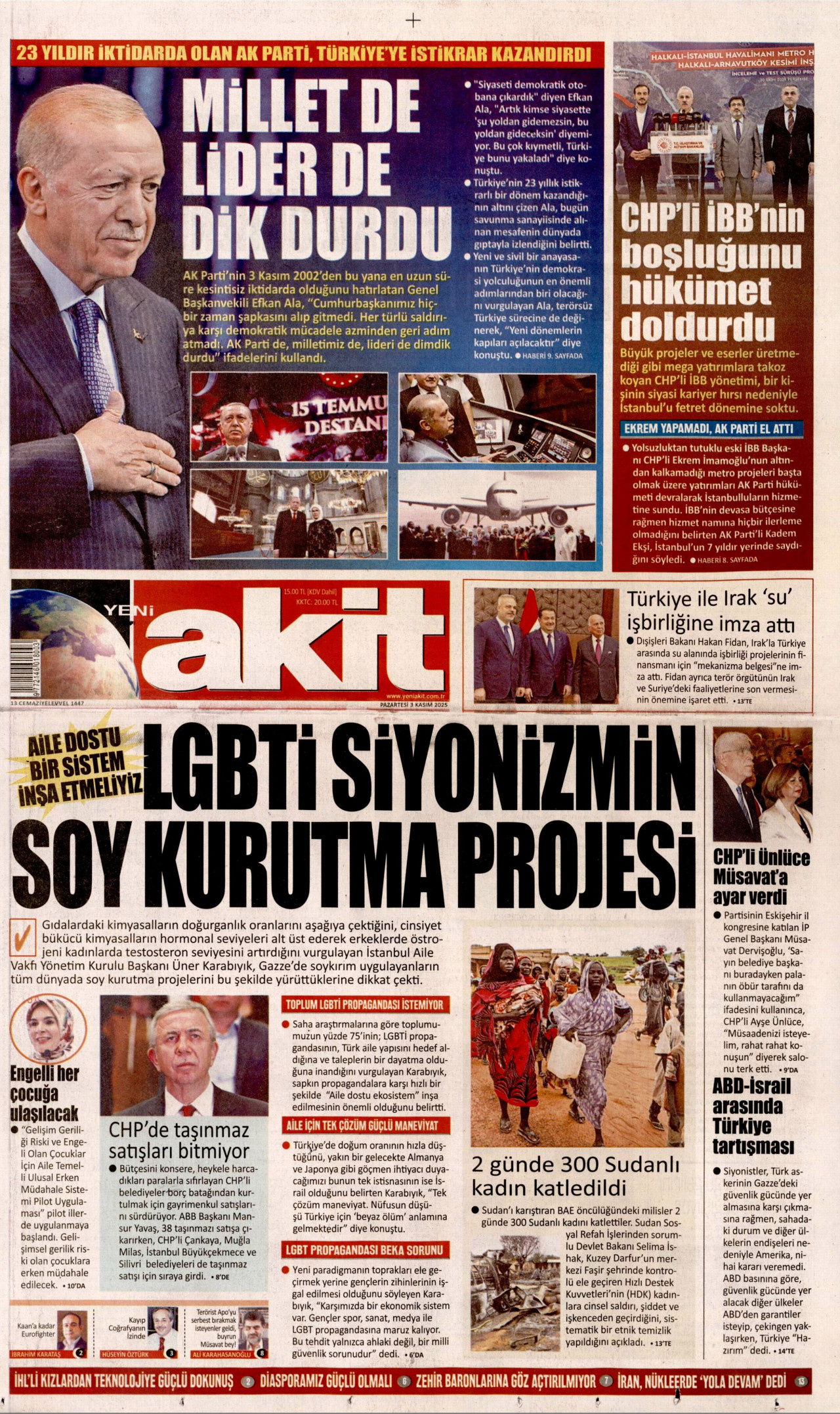 YENİ AKİT gazetesinin 3 Kasım 2025 tarihli birinci sayfası