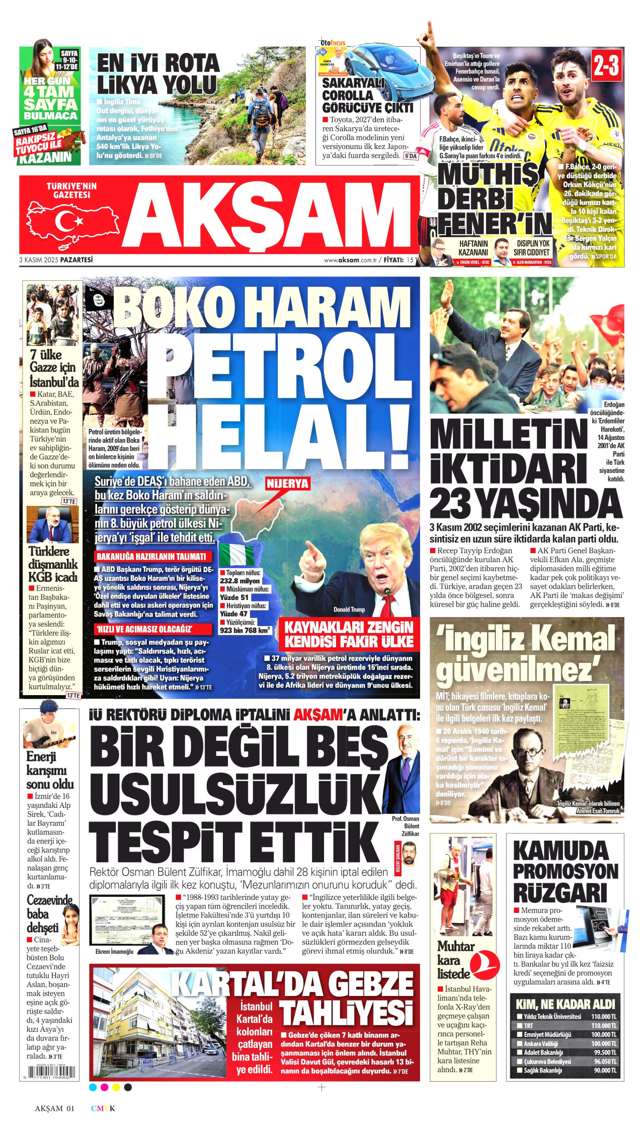 AKŞAM gazetesinin 3 Kasım 2025 tarihli birinci sayfası