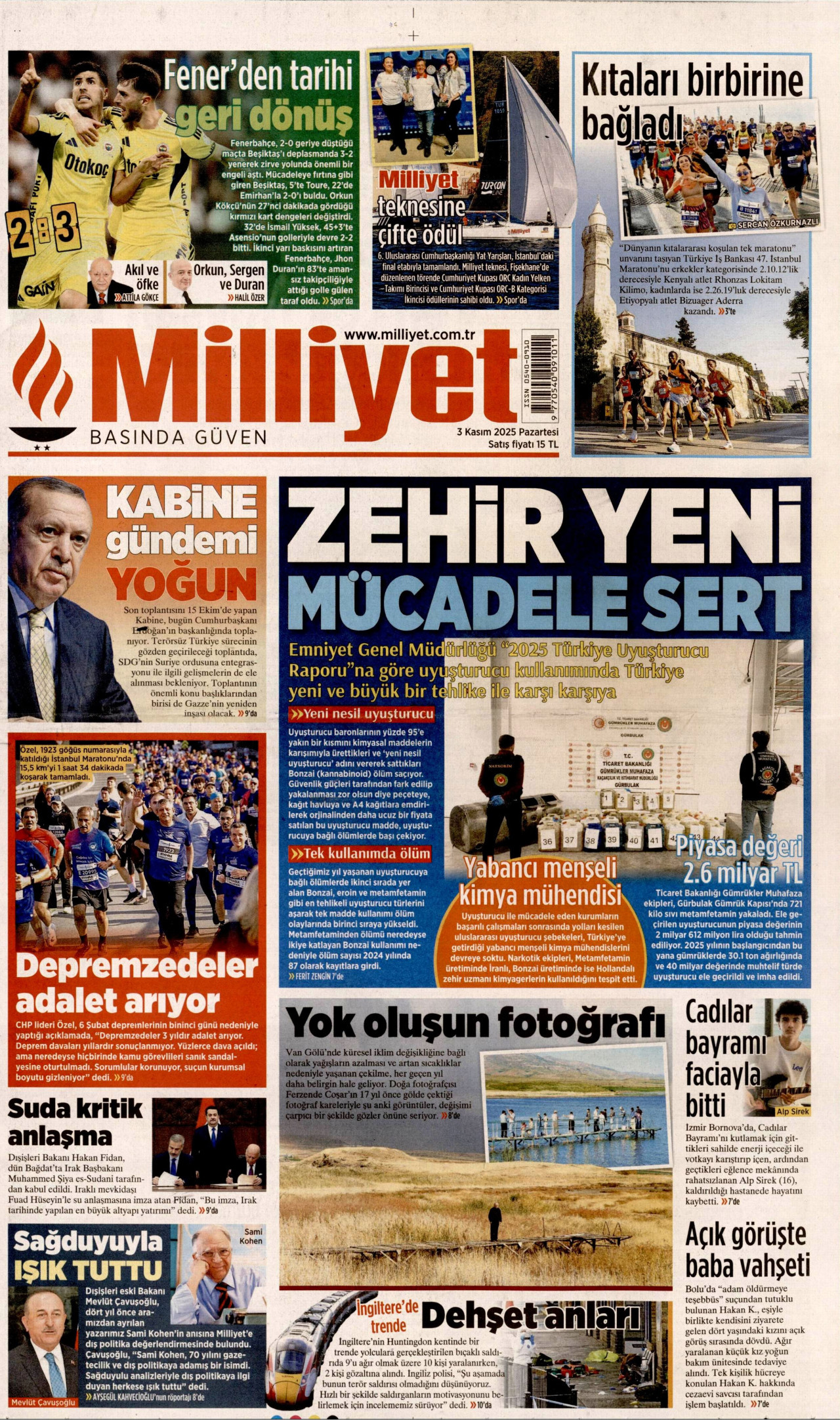 MİLLİYET gazetesinin 3 Kasım 2025 tarihli birinci sayfası