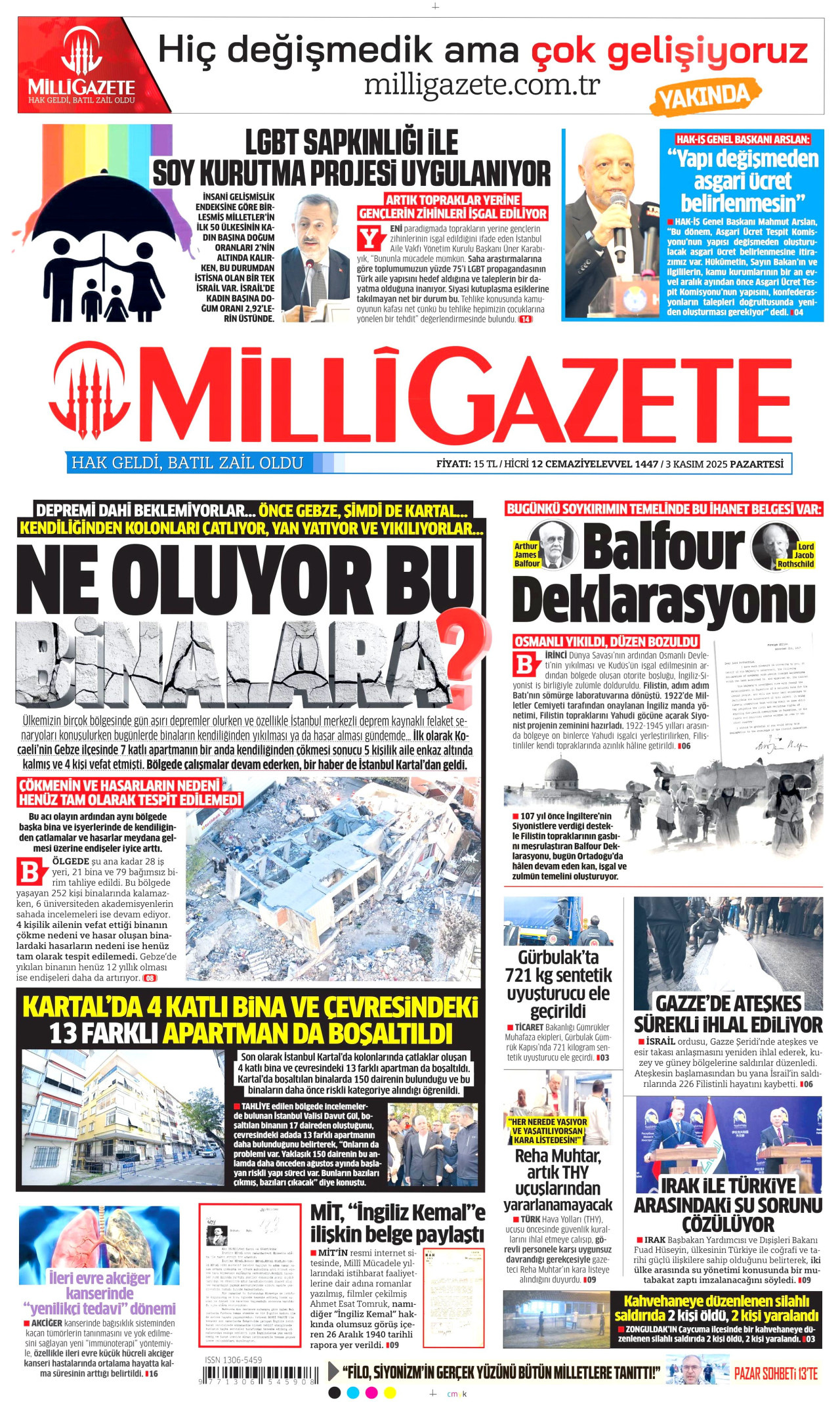 MİLLİ GAZETE gazetesinin 3 Kasım 2025 tarihli birinci sayfası